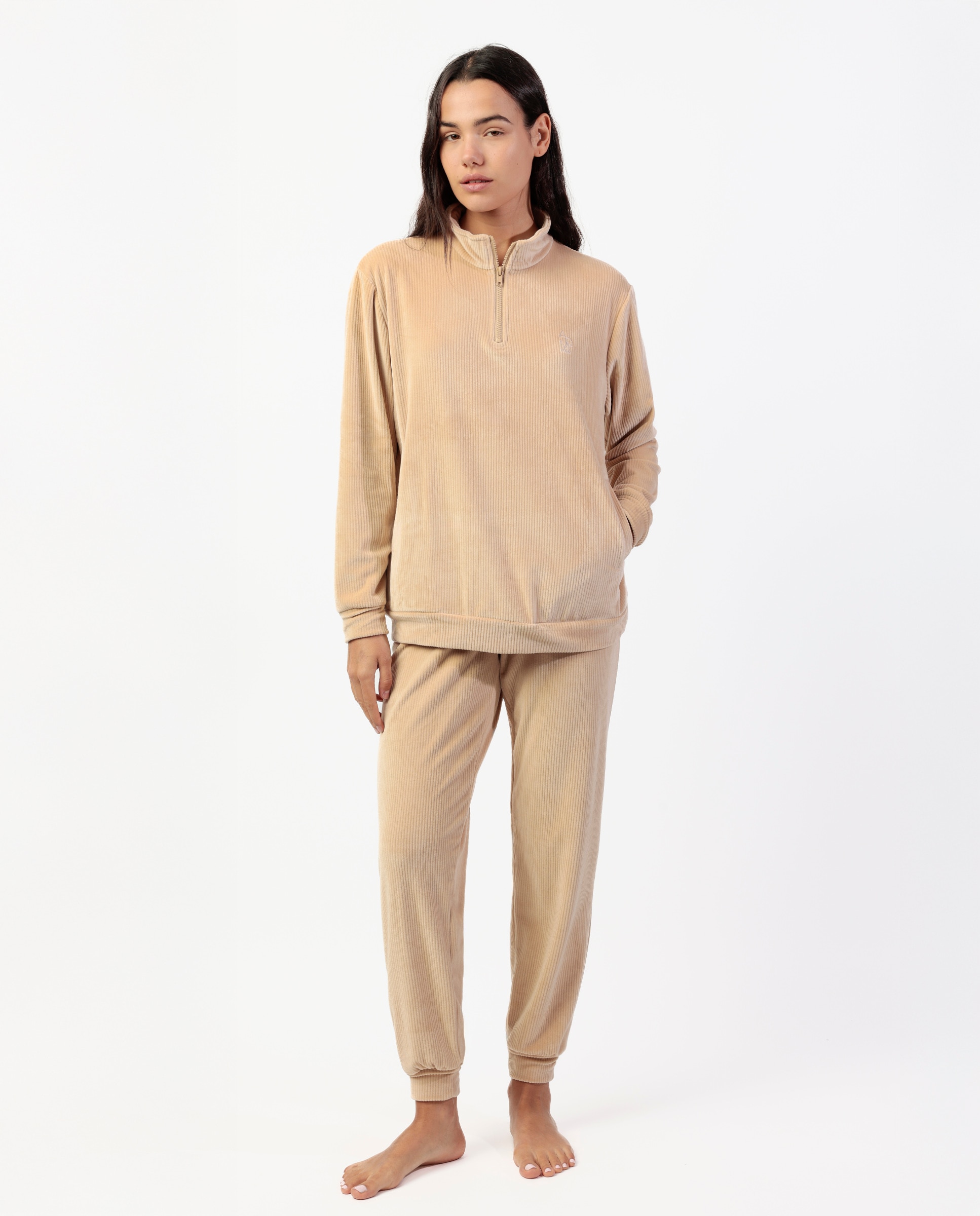 Pijama largo de mujer de tejido de terciopelo doble cara - Admas - Beige Beige-1