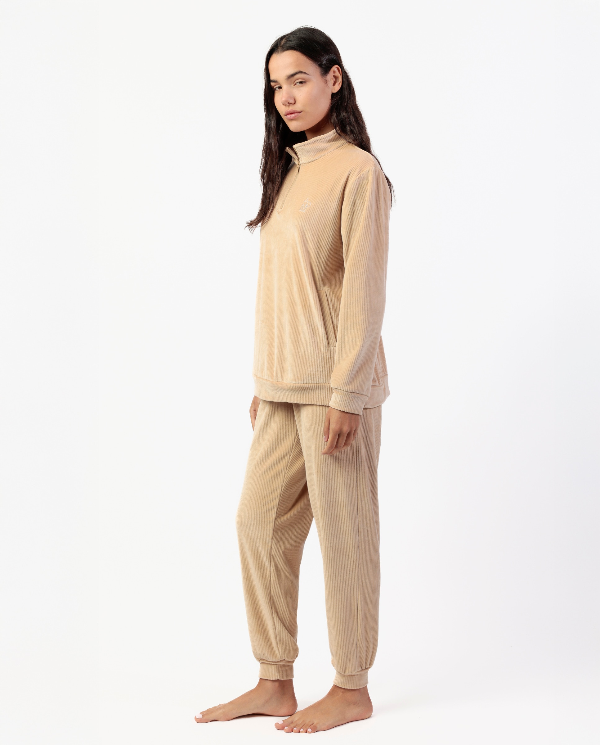 Pijama largo de mujer de tejido de terciopelo doble cara - Admas - Beige Beige-2
