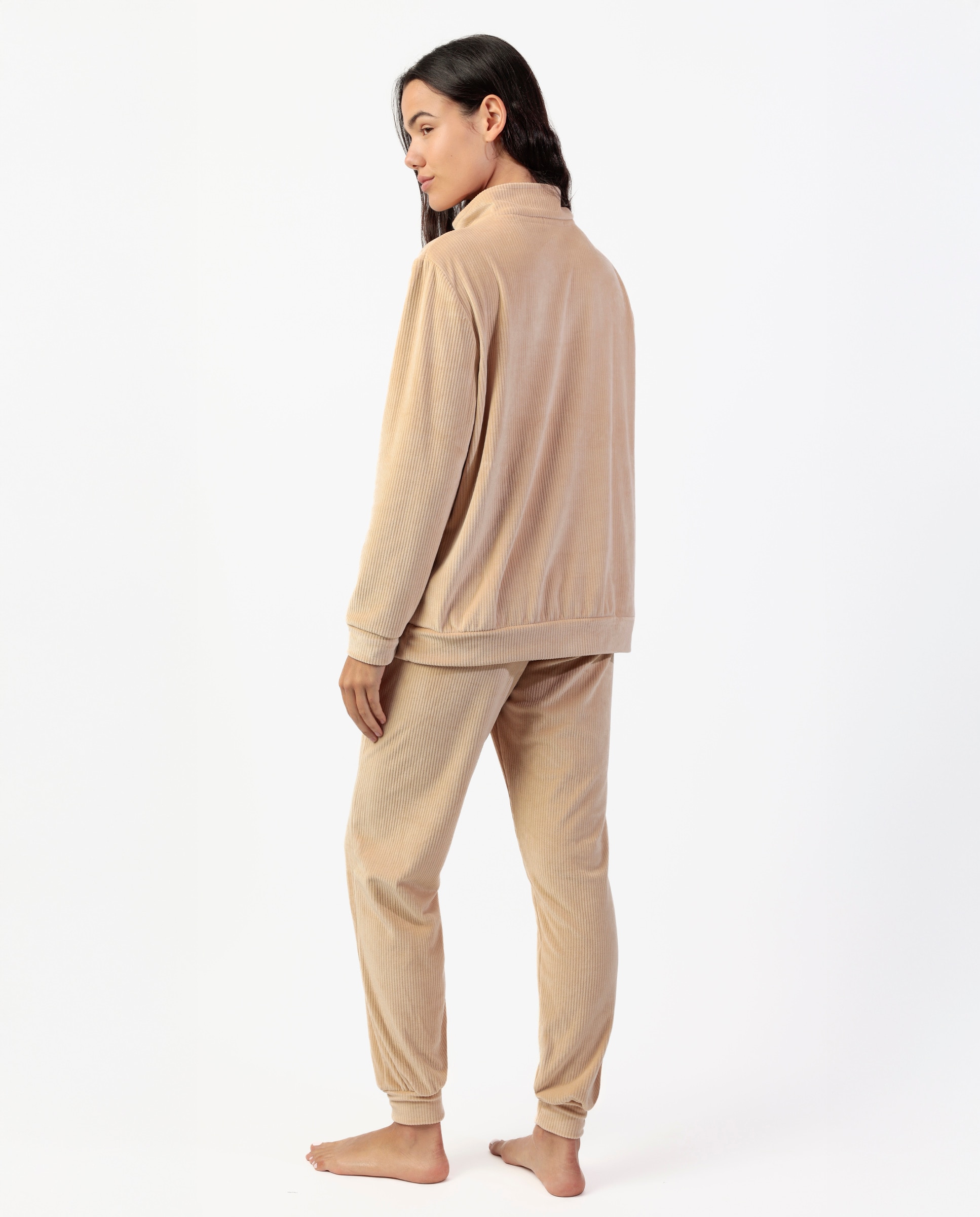 Pijama largo de mujer de tejido de terciopelo doble cara - Admas - Beige Beige-3