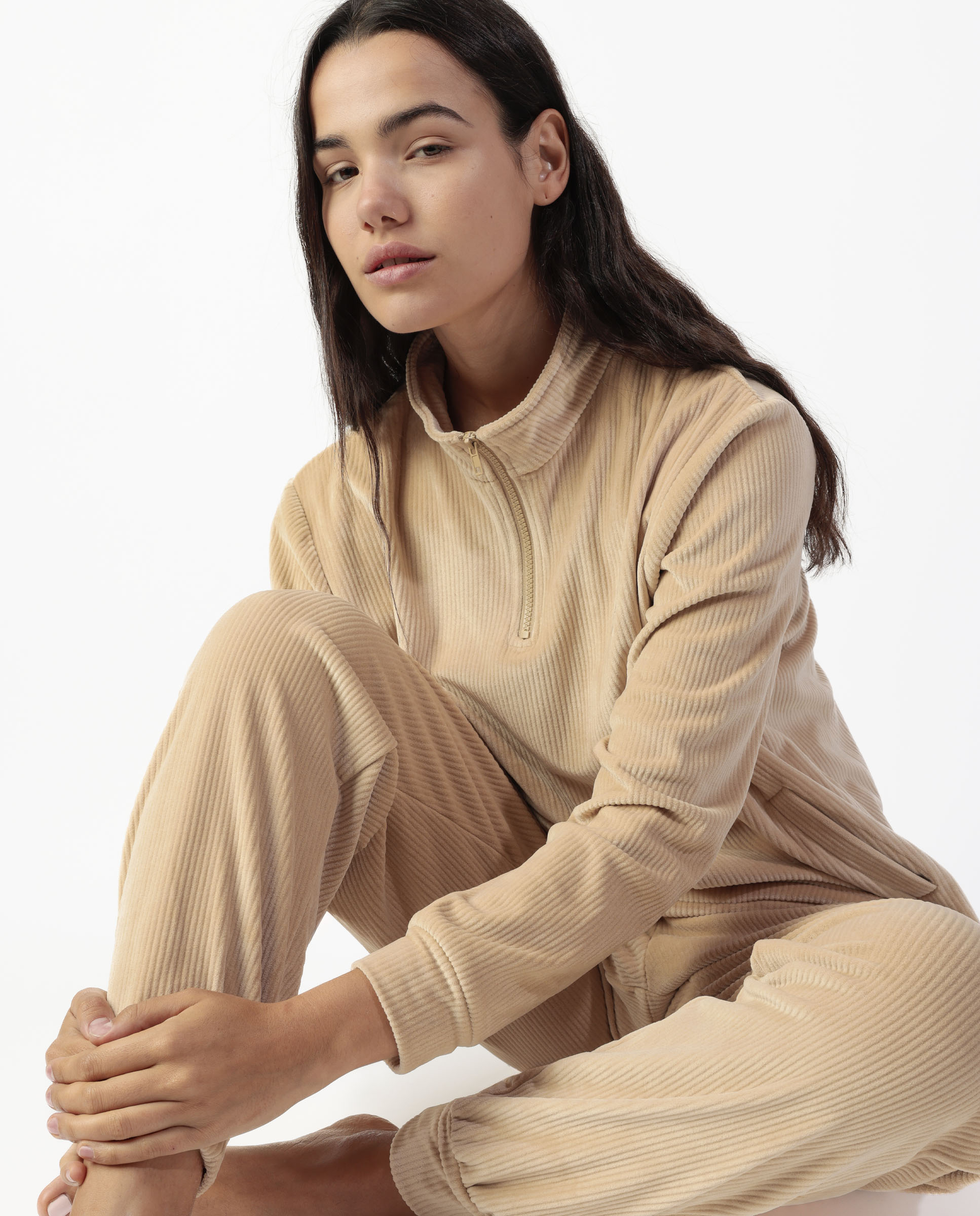 Pijama largo de mujer de tejido de terciopelo doble cara - Admas - Beige Beige-4