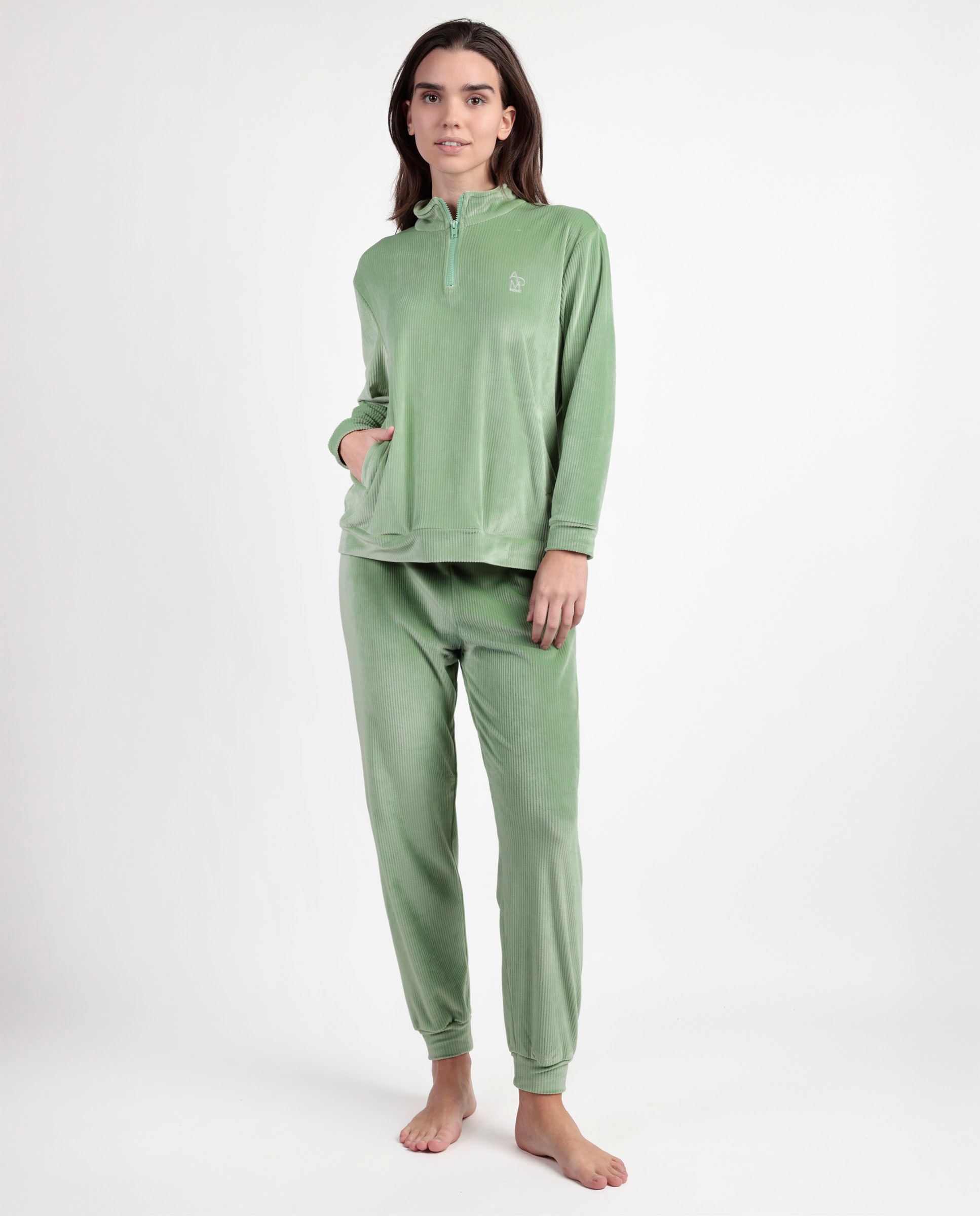 Pijama largo de mujer de tejido de terciopelo doble cara - Admas - Verde Verde-1
