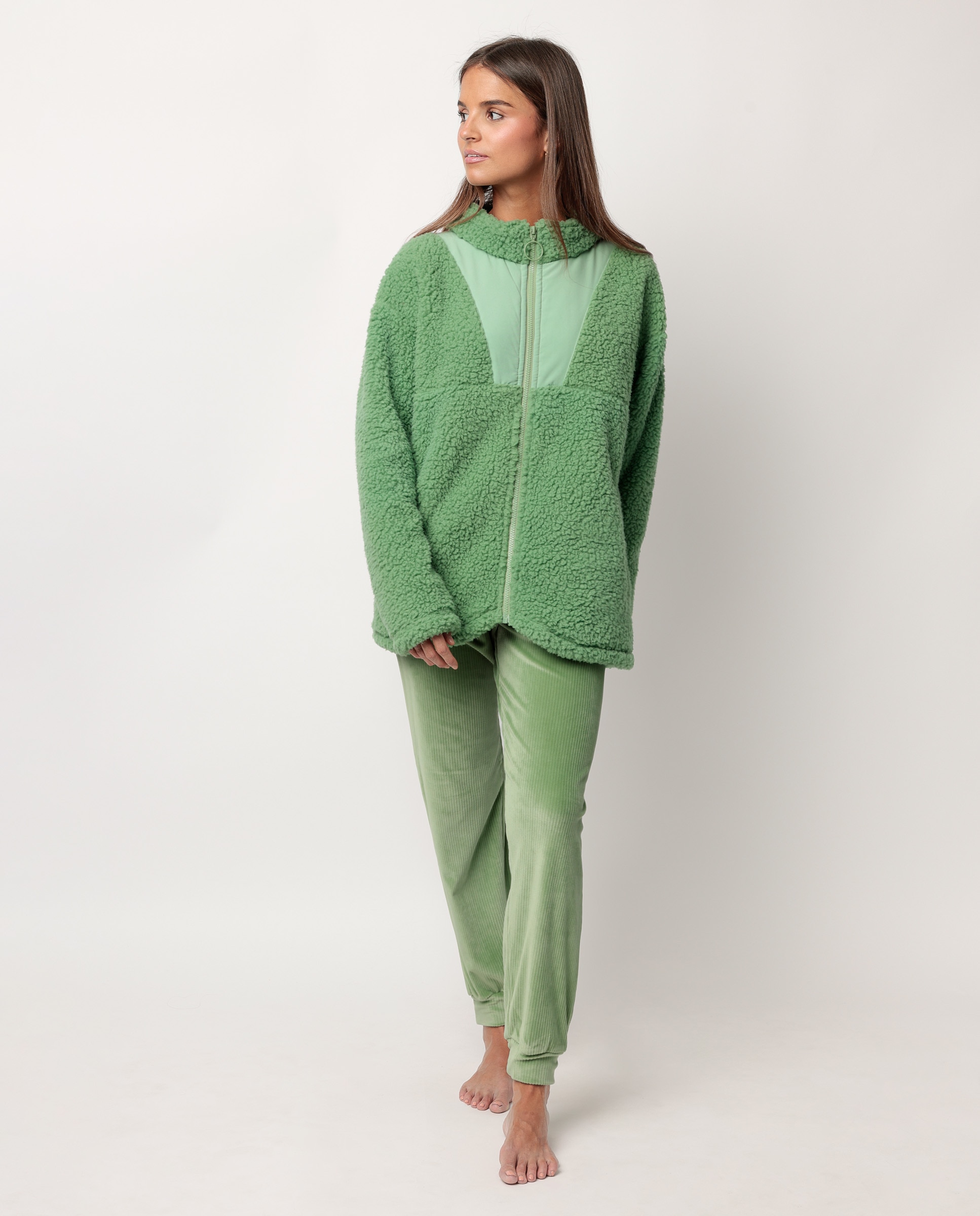 Bata de manga larga de mujer de tejido calentito con bolsillos - Admas - Verde Verde-1