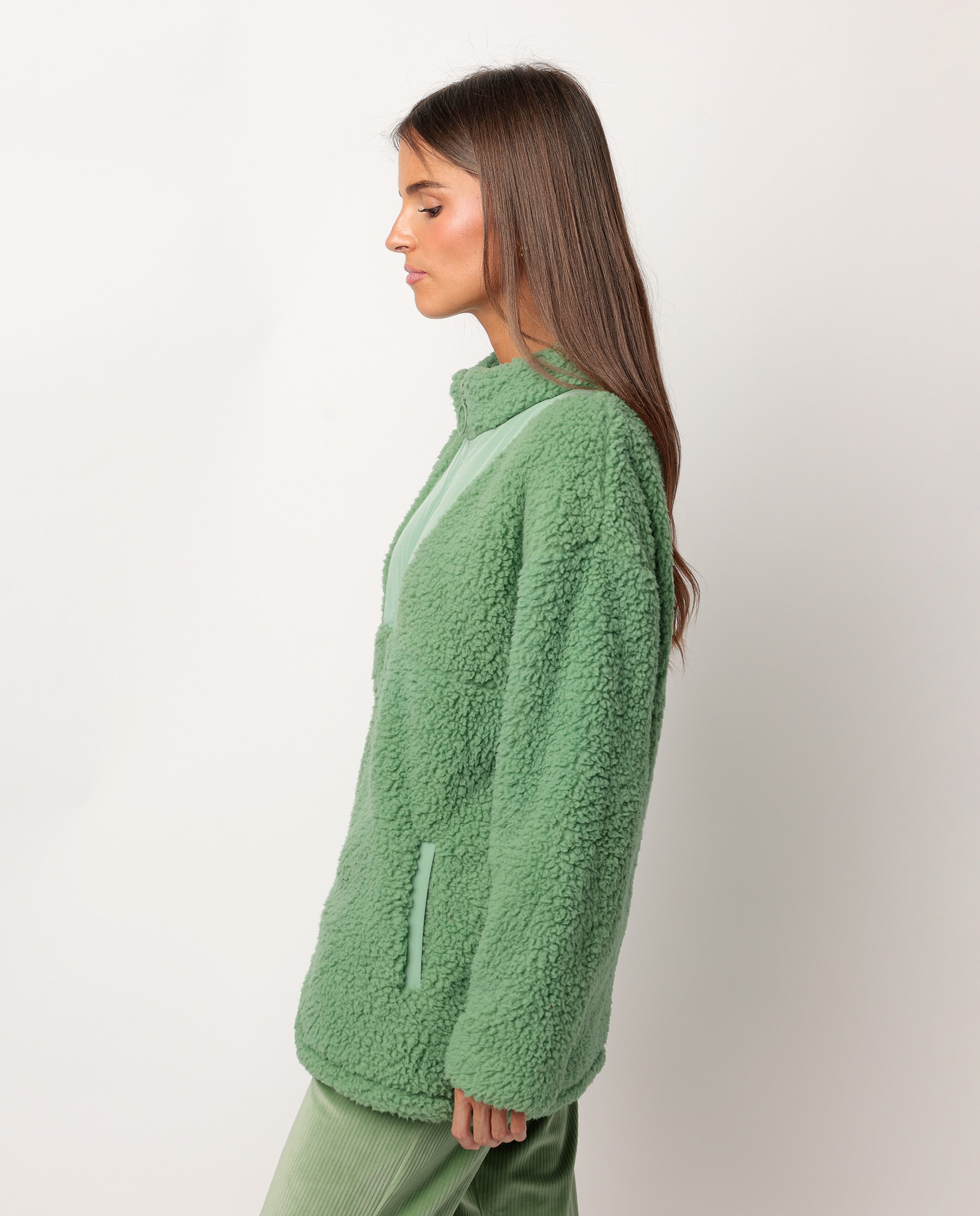 Bata de manga larga de mujer de tejido calentito con bolsillos - Admas - Verde Verde-2