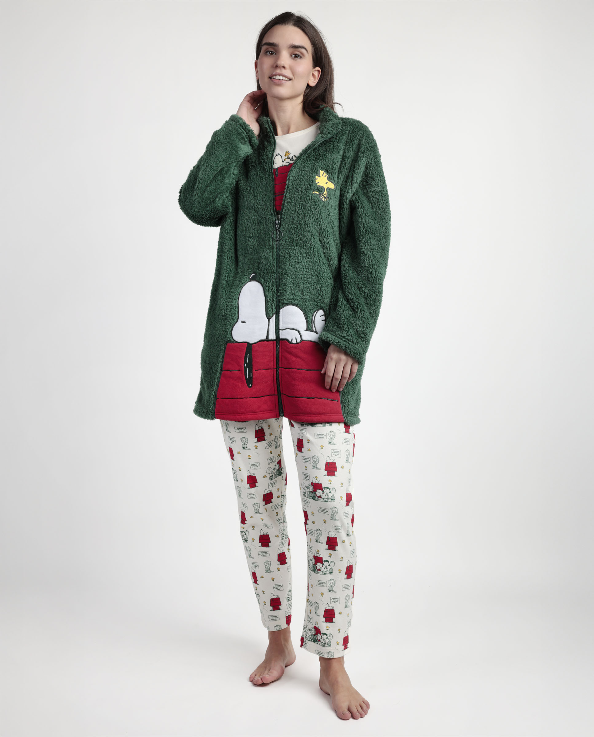 Bata de manga larga de mujer de tejido polar con cremallera - Peanuts - Verde Verde-1