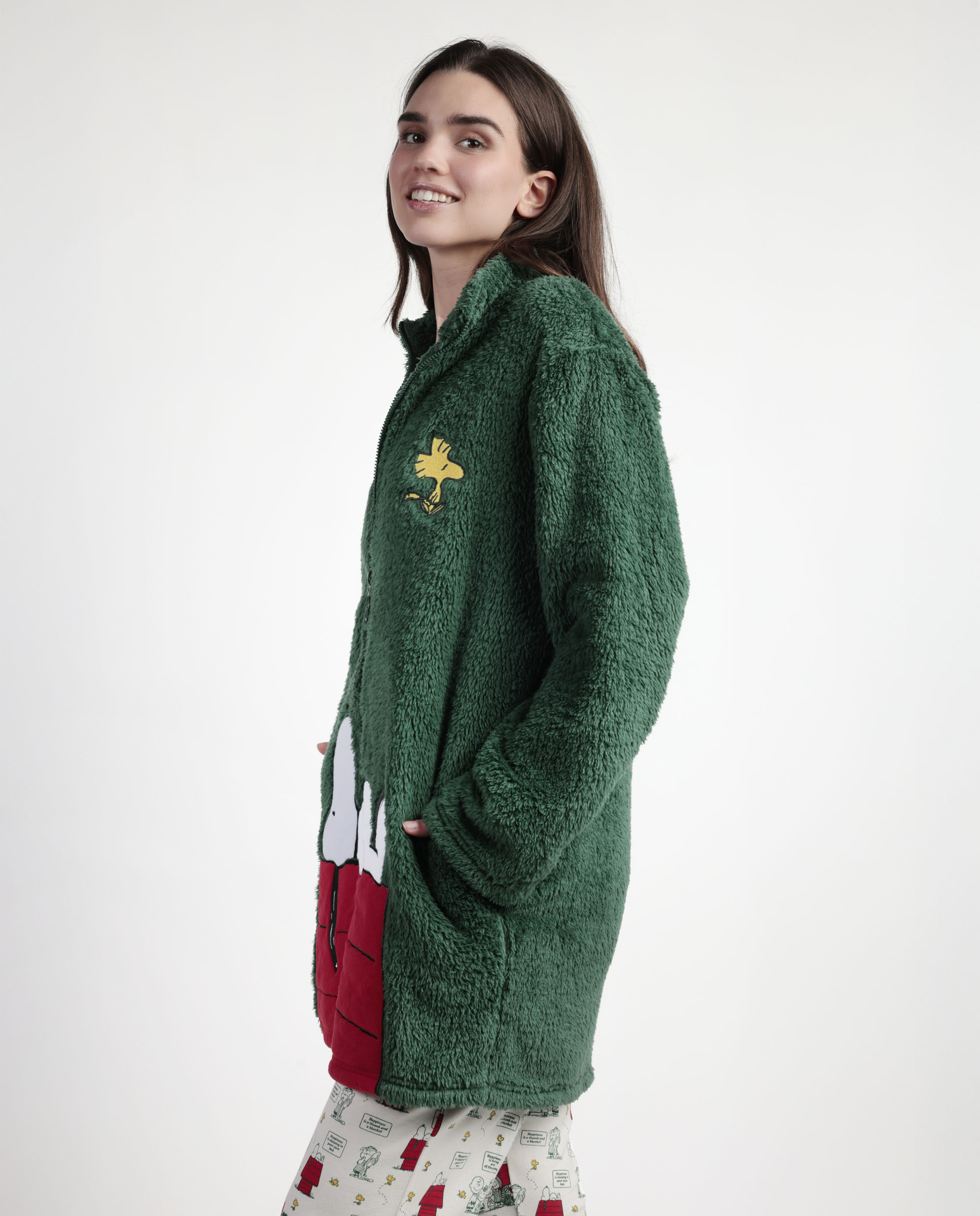 Bata de manga larga de mujer de tejido polar con cremallera - Peanuts - Verde Verde-2