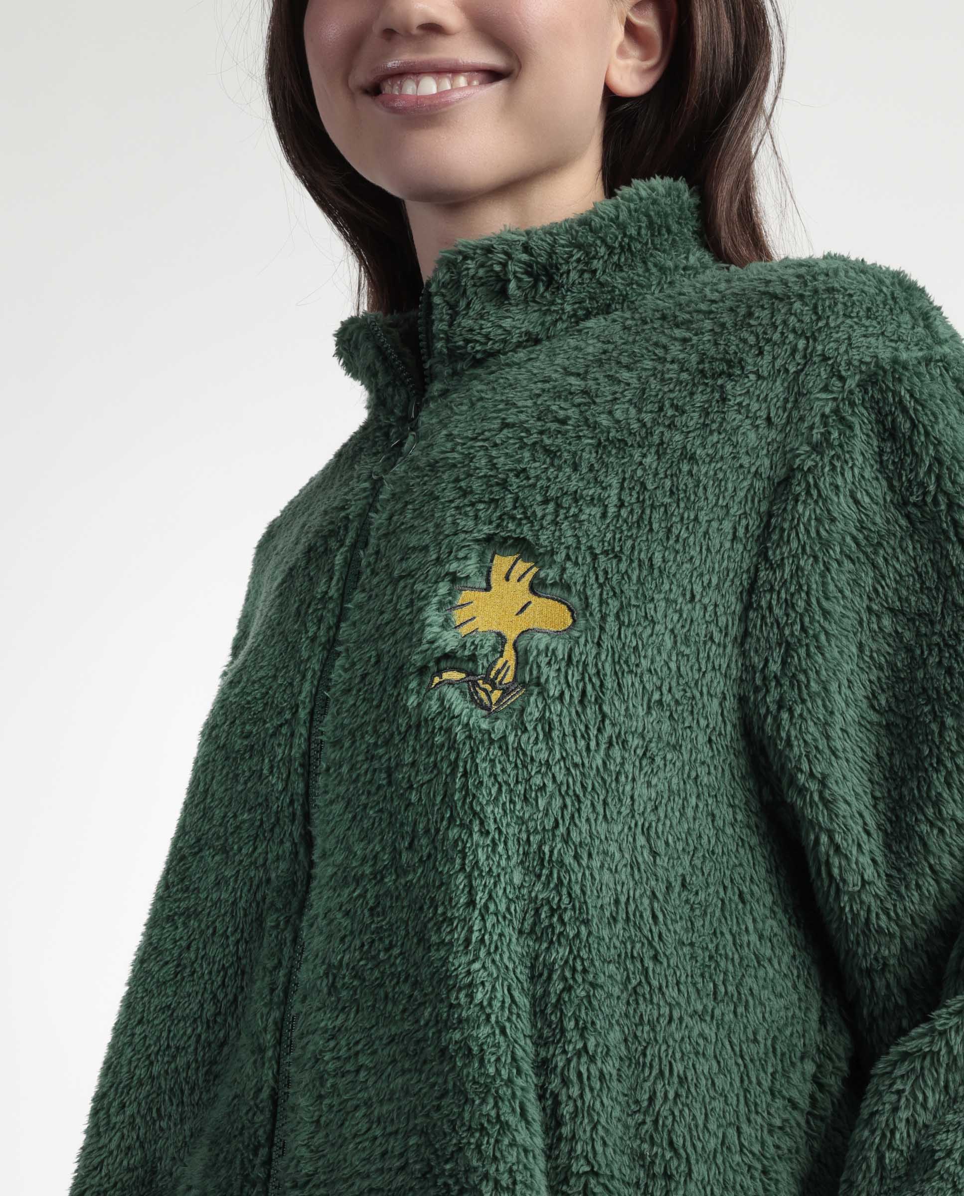 Bata de manga larga de mujer de tejido polar con cremallera - Peanuts - Verde Verde-4