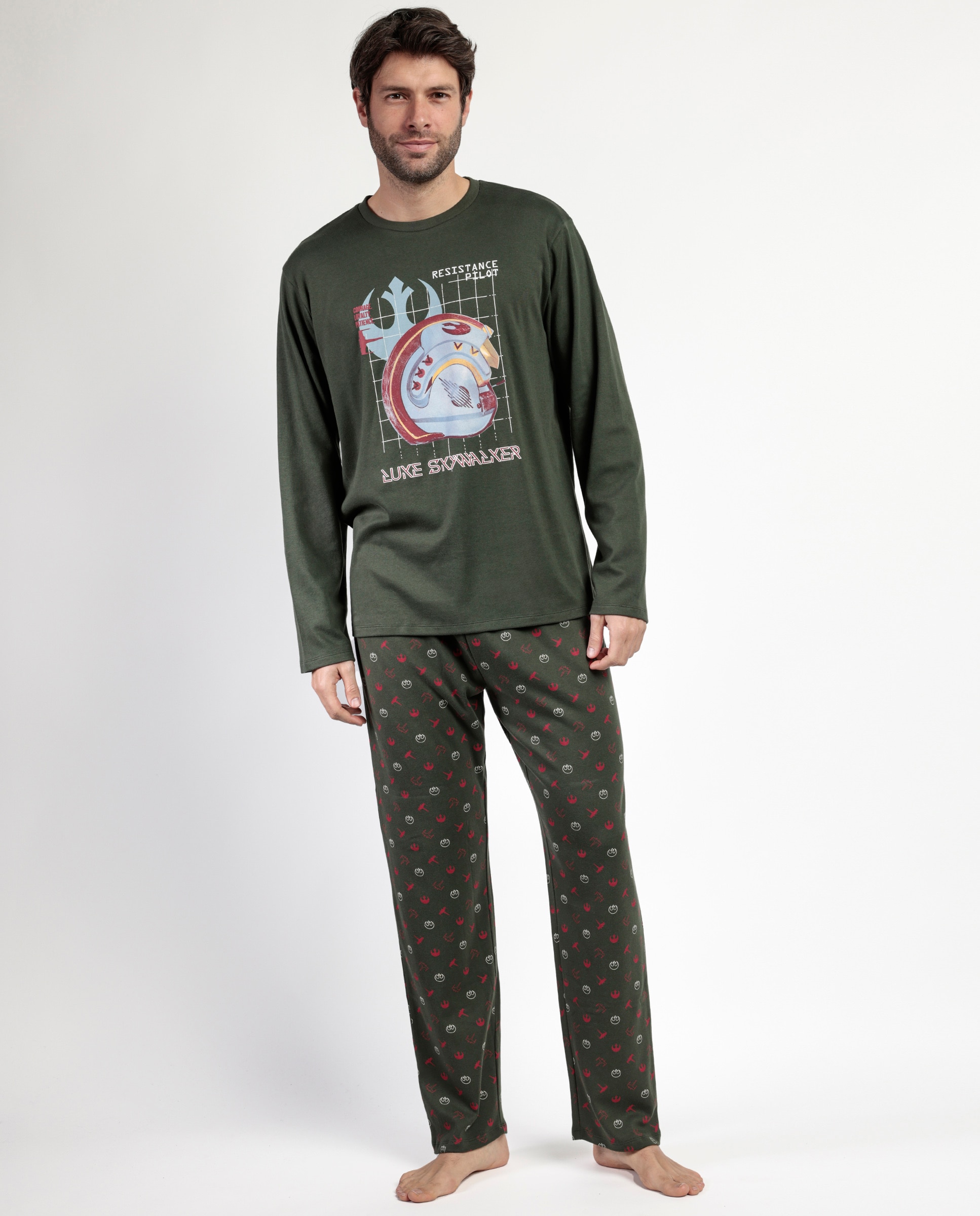 Imagen 0 de Pijama completo largo de hombre de punto de algodón Verde