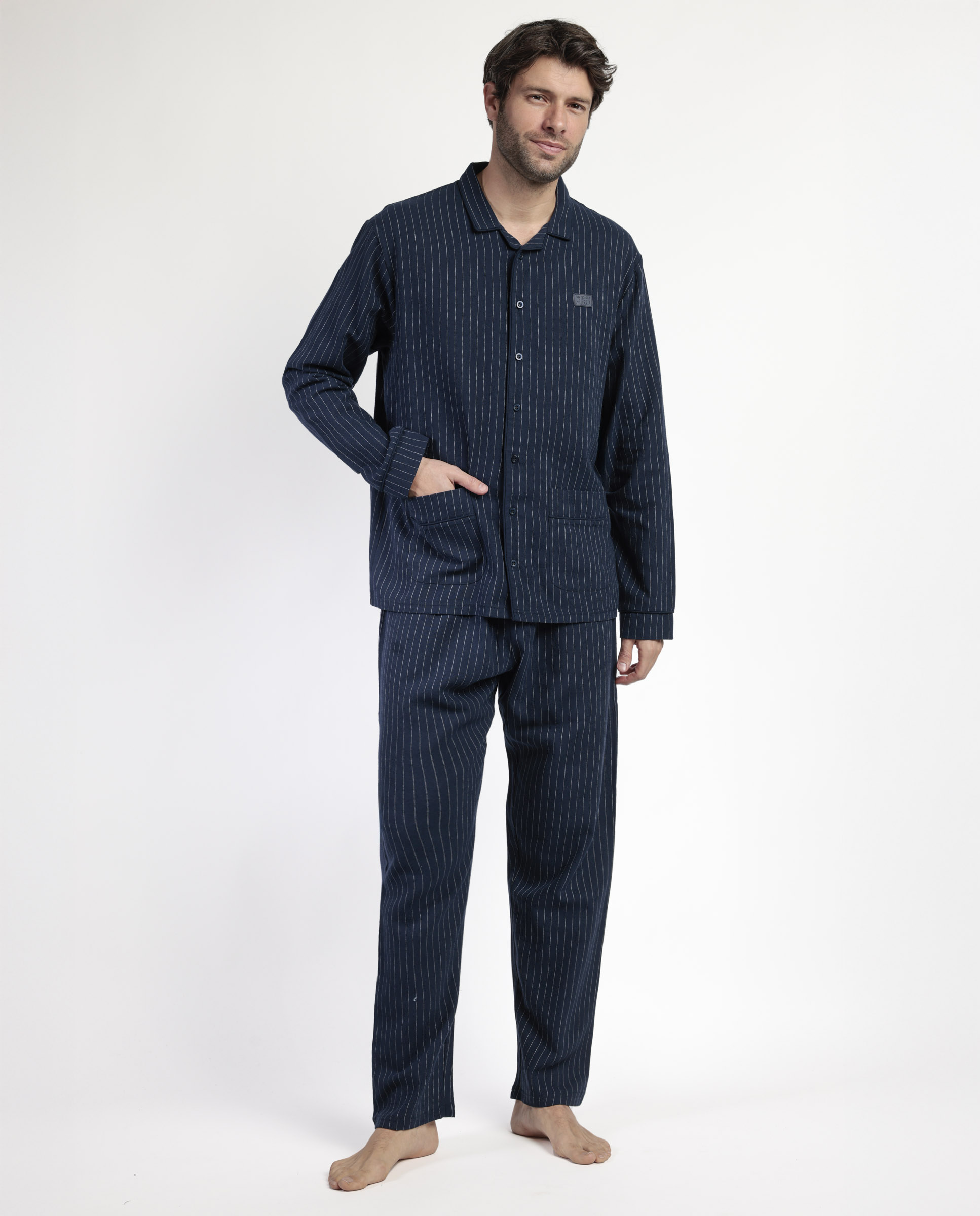 Imagen 1 de Pijama completo largo abierto de hombre de franela Azul marino