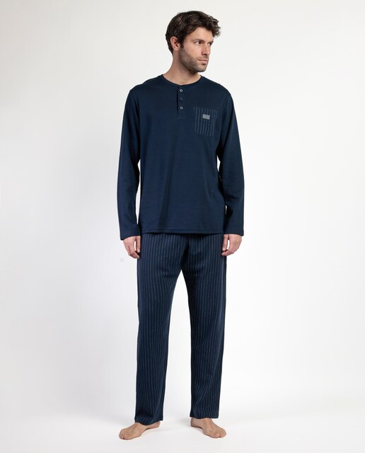 Imagen 0 de Pijama largo de hombre de punto de algodón de color azul marino