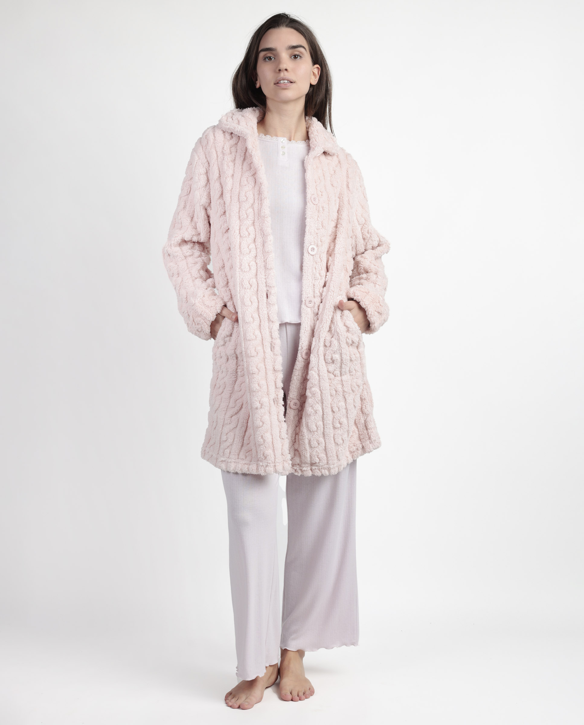 Bata de manga larga de mujer de tejido calentito con botones - Admas - Rosa Rosa-1