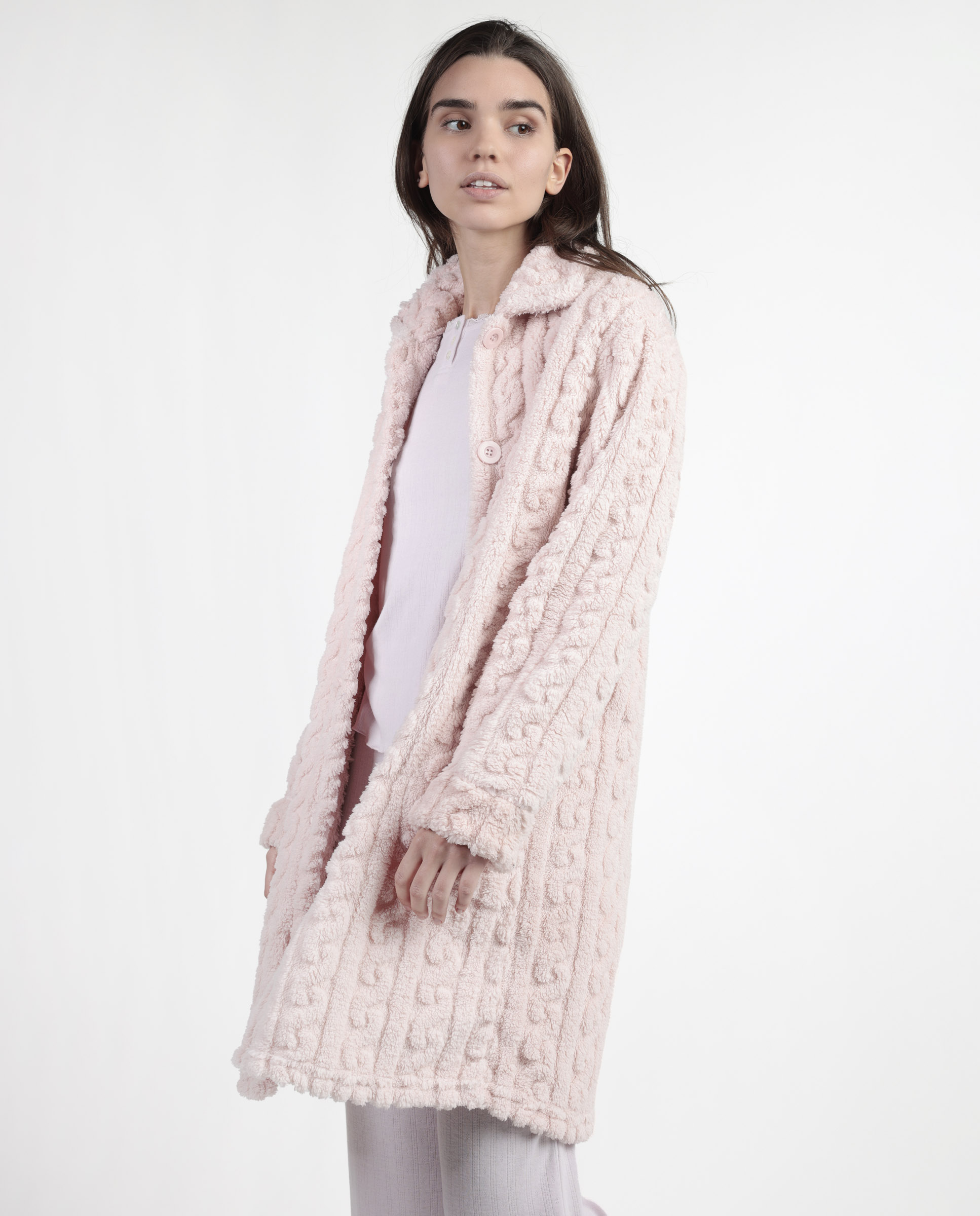 Bata de manga larga de mujer de tejido calentito con botones - Admas - Rosa Rosa-2