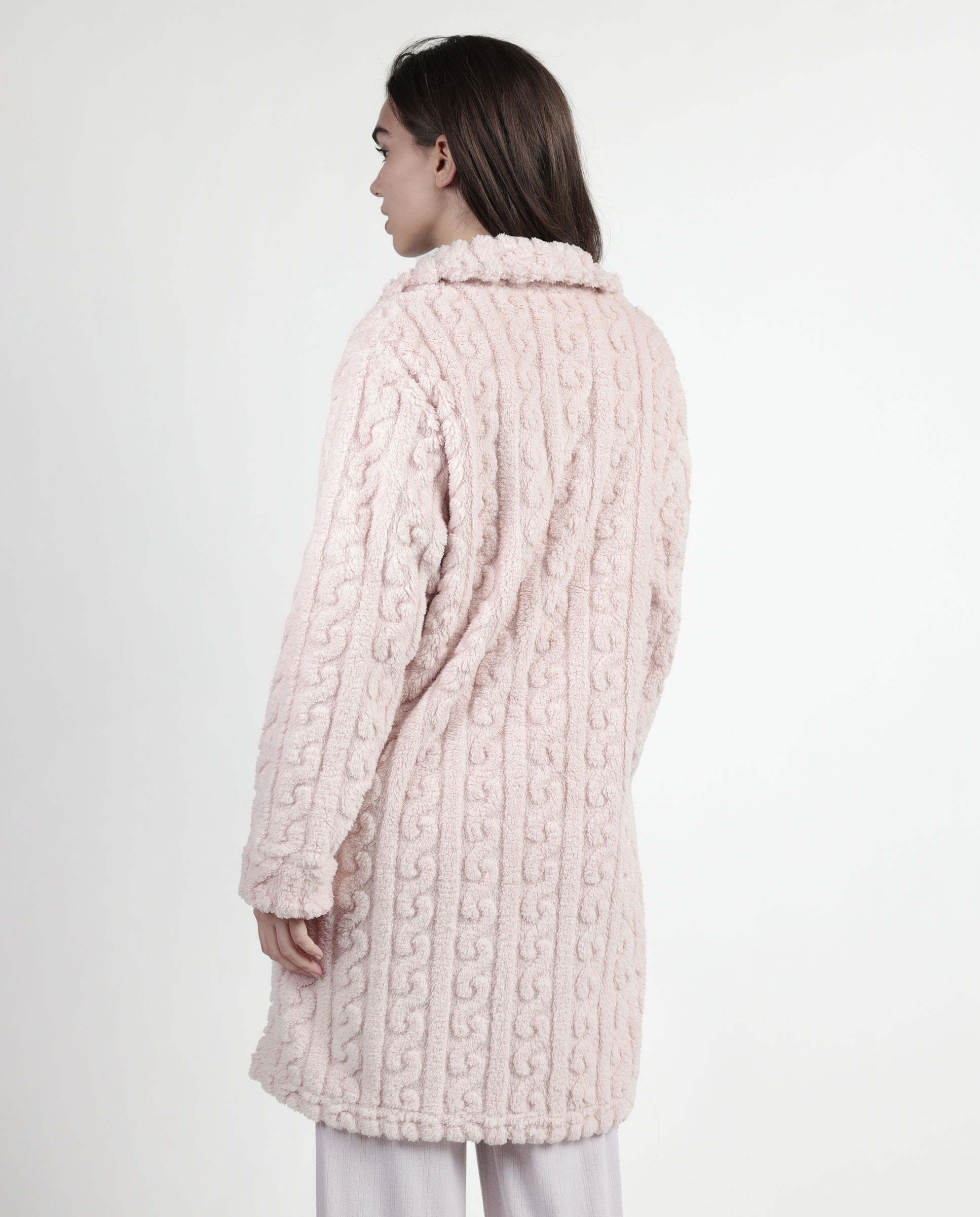 Bata de manga larga de mujer de tejido calentito con botones - Admas - Rosa Rosa-3