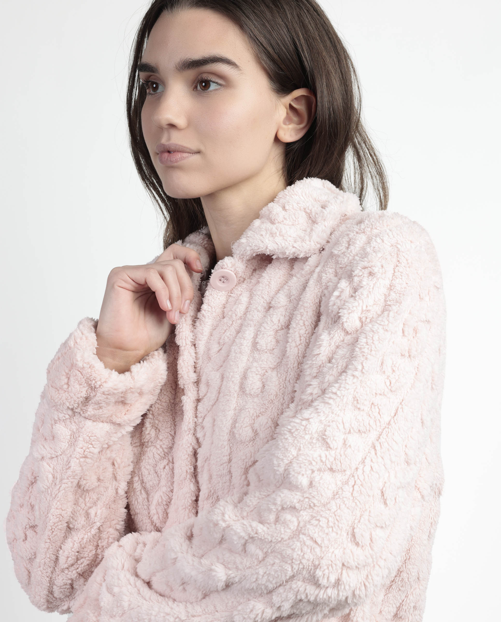 Bata de manga larga de mujer de tejido calentito con botones - Admas - Rosa Rosa-4