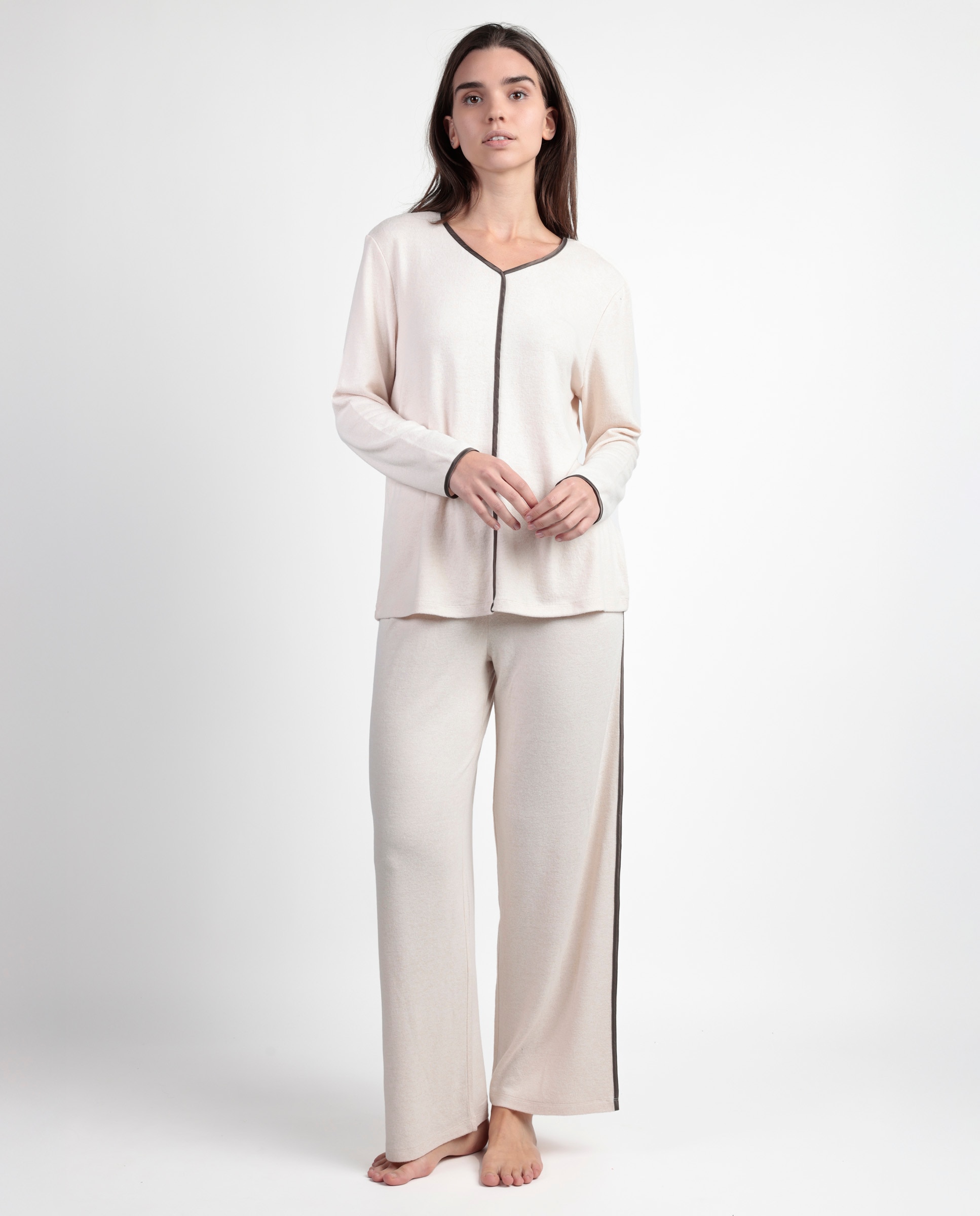 Pijama largo de mujer de tela satén - Admas - Beige Beige-1
