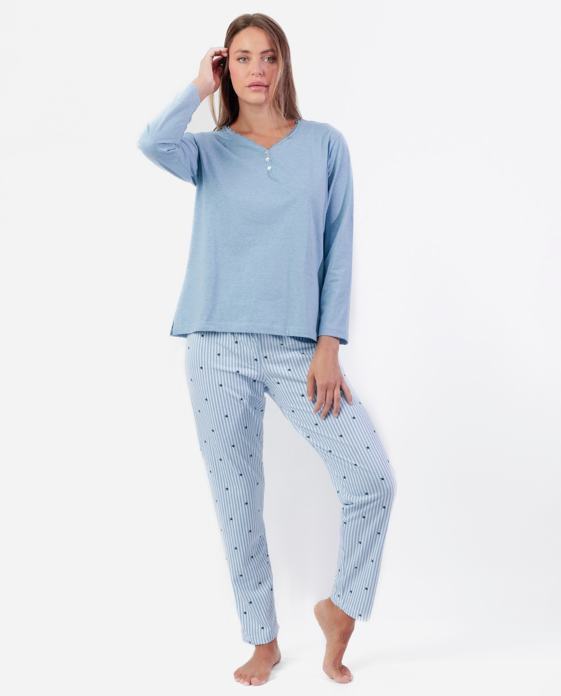 Pijama largo de mujer de punto viscosa - Admas - Azul Azul-1