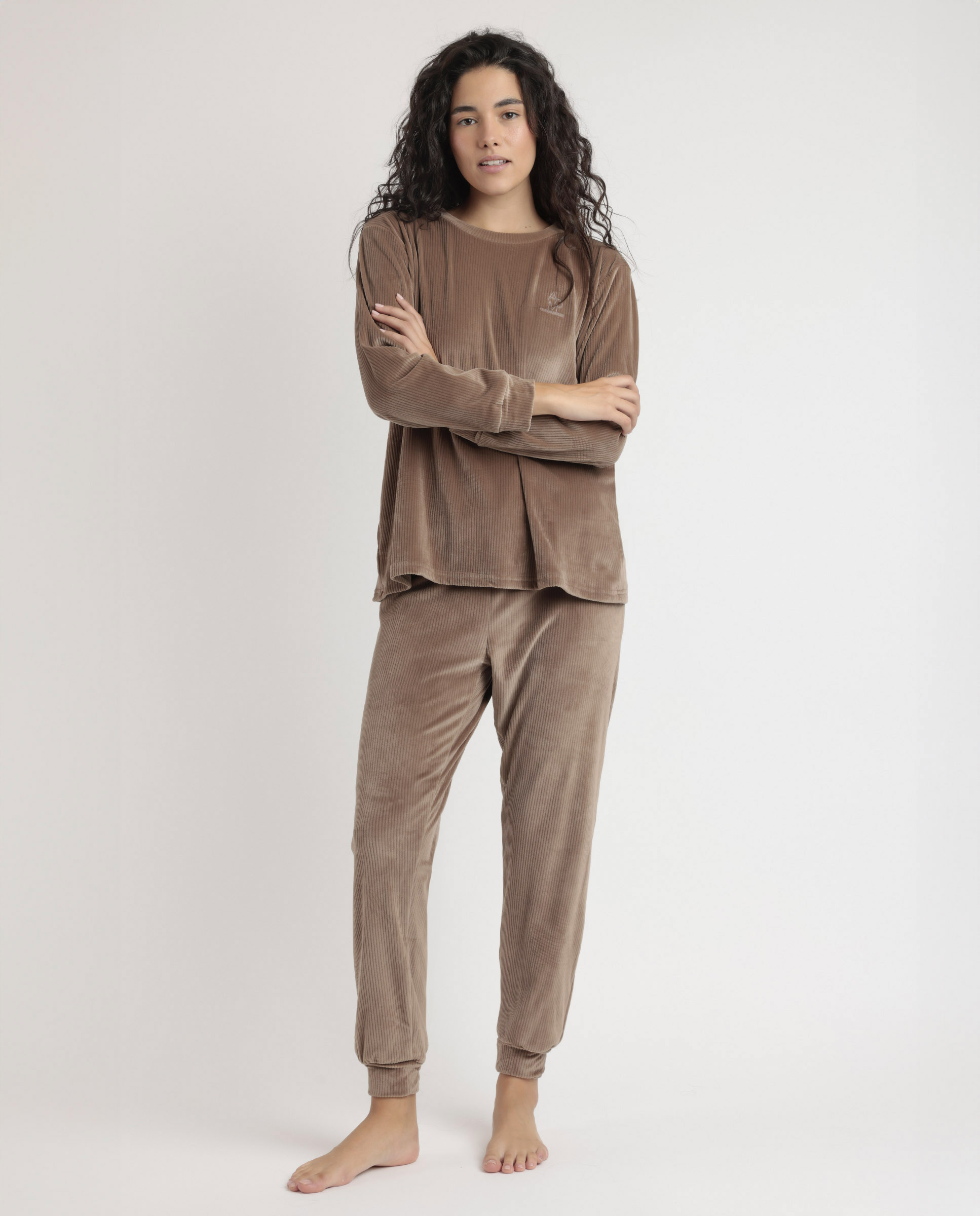 Pijama largo de mujer de tejido terciopelo - Admas - Marrón Marrón-1