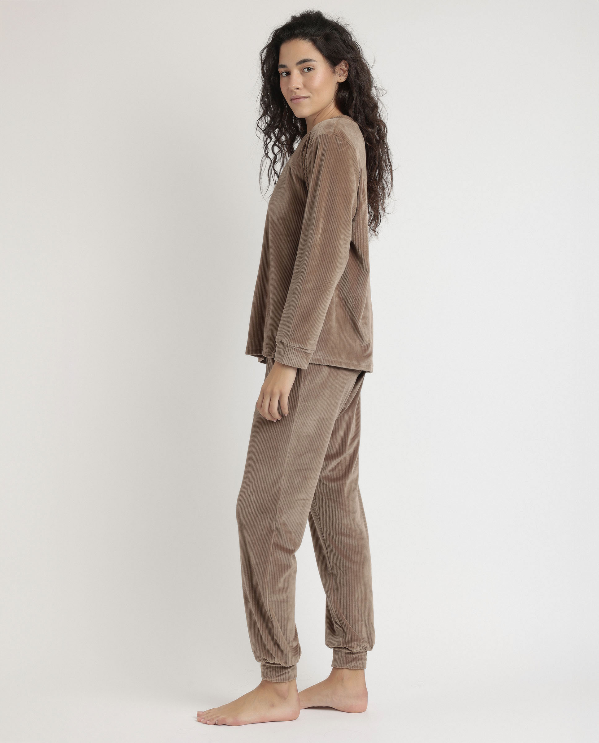 Pijama largo de mujer de tejido terciopelo - Admas - Marrón Marrón-2