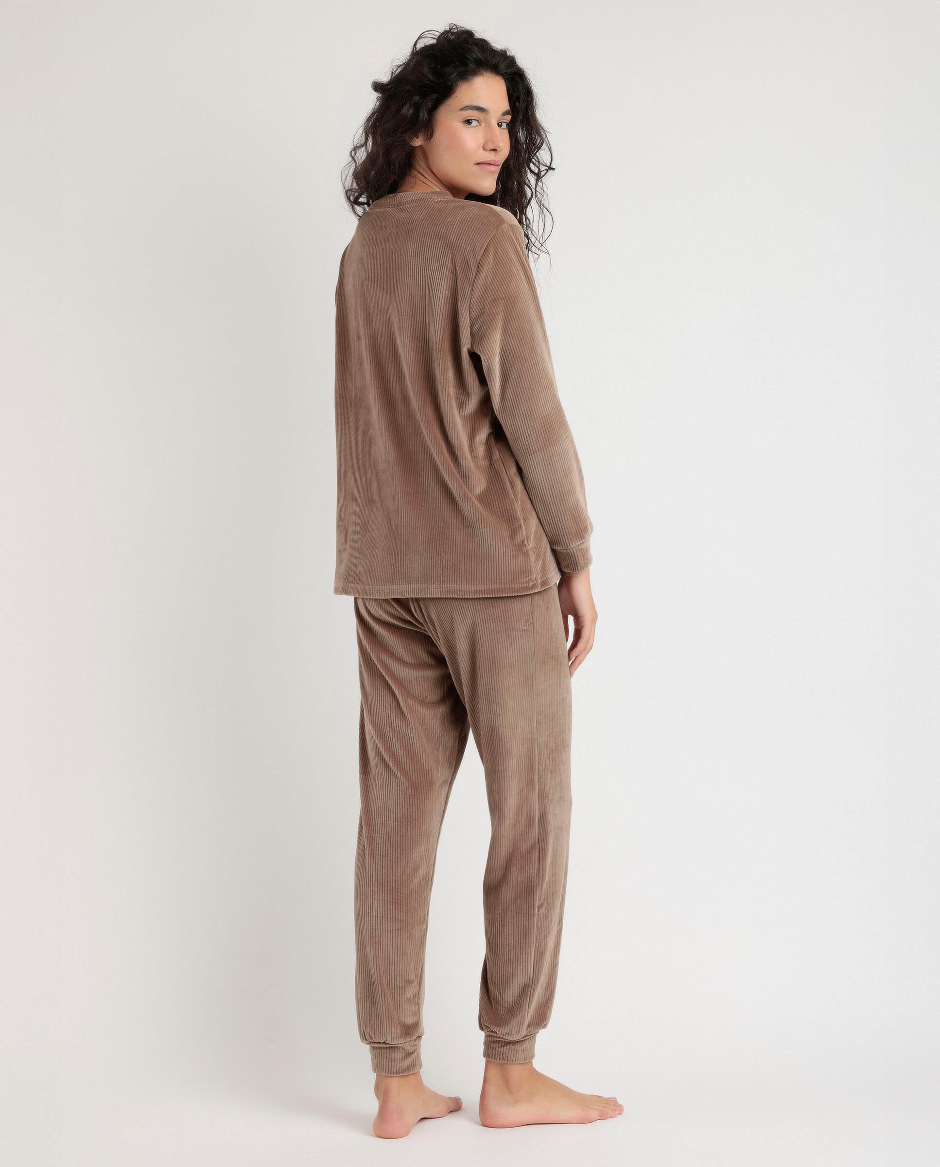 Pijama largo de mujer de tejido terciopelo - Admas - Marrón Marrón-3