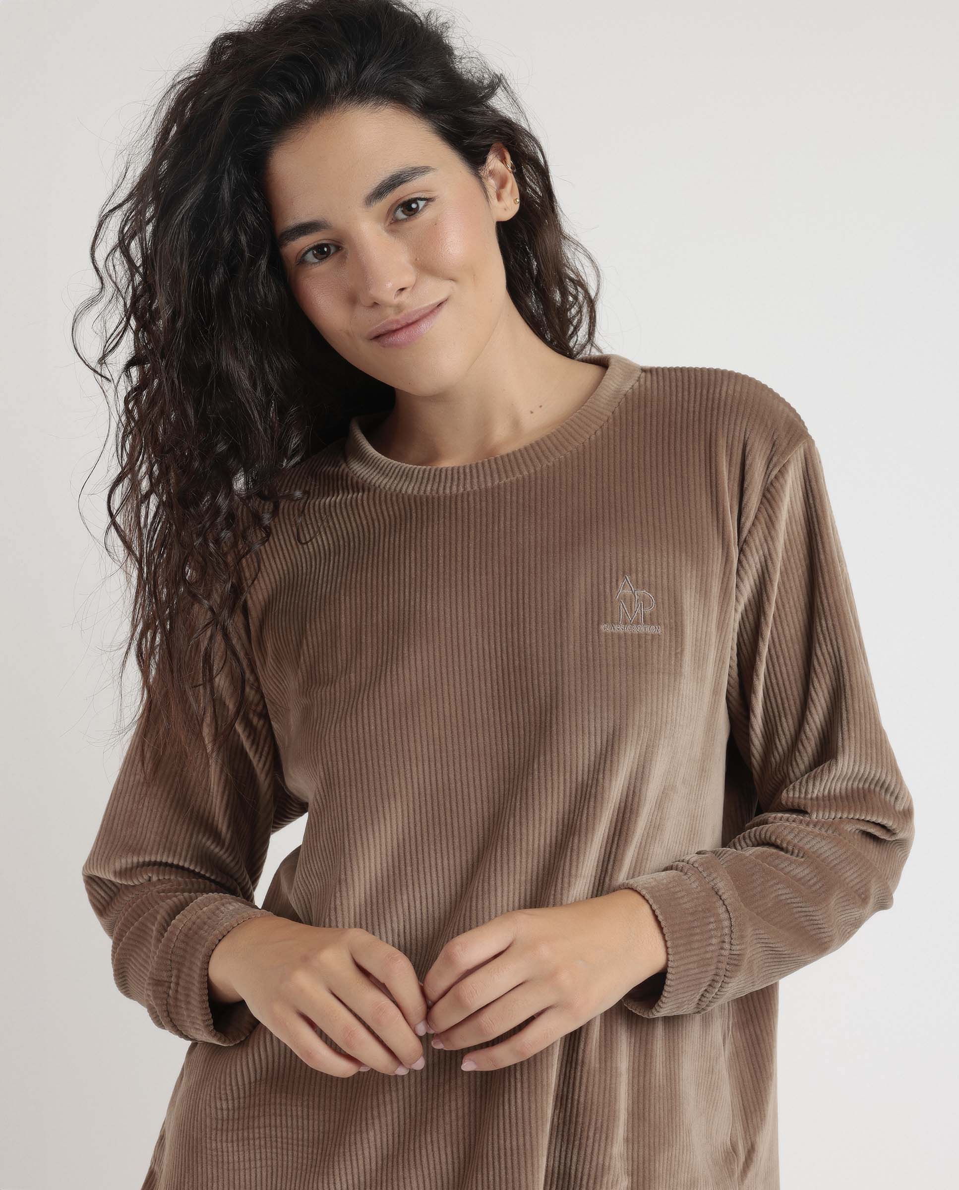 Pijama largo de mujer de tejido terciopelo - Admas - Marrón Marrón-4