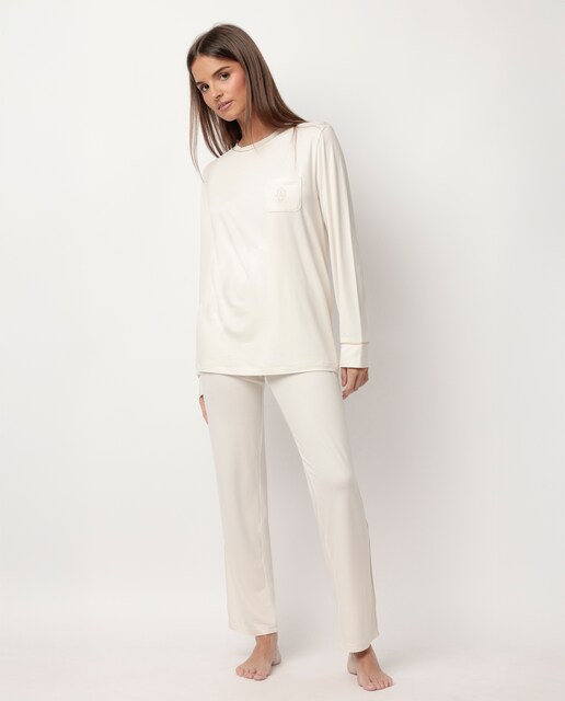 Imagen 0 de Pijama largo de mujer de punto de microfibra de color crema