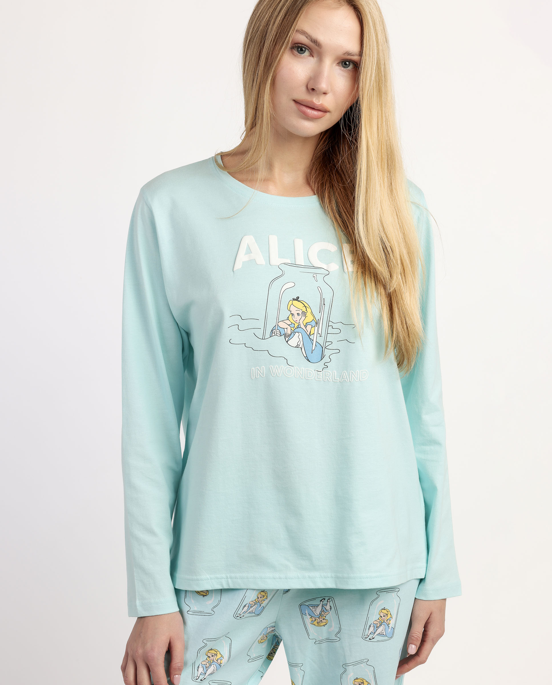 Pijama largo de mujer de punto de algodón detalles en relieve - Disney - Azul Azul-3