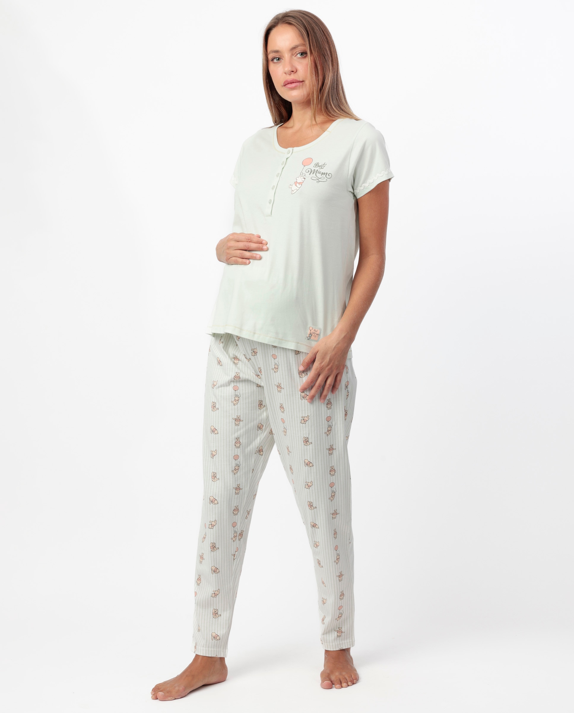 Imagen 0 de Pijama largo premamá de punto de algodón en color verde Blanco / Verde