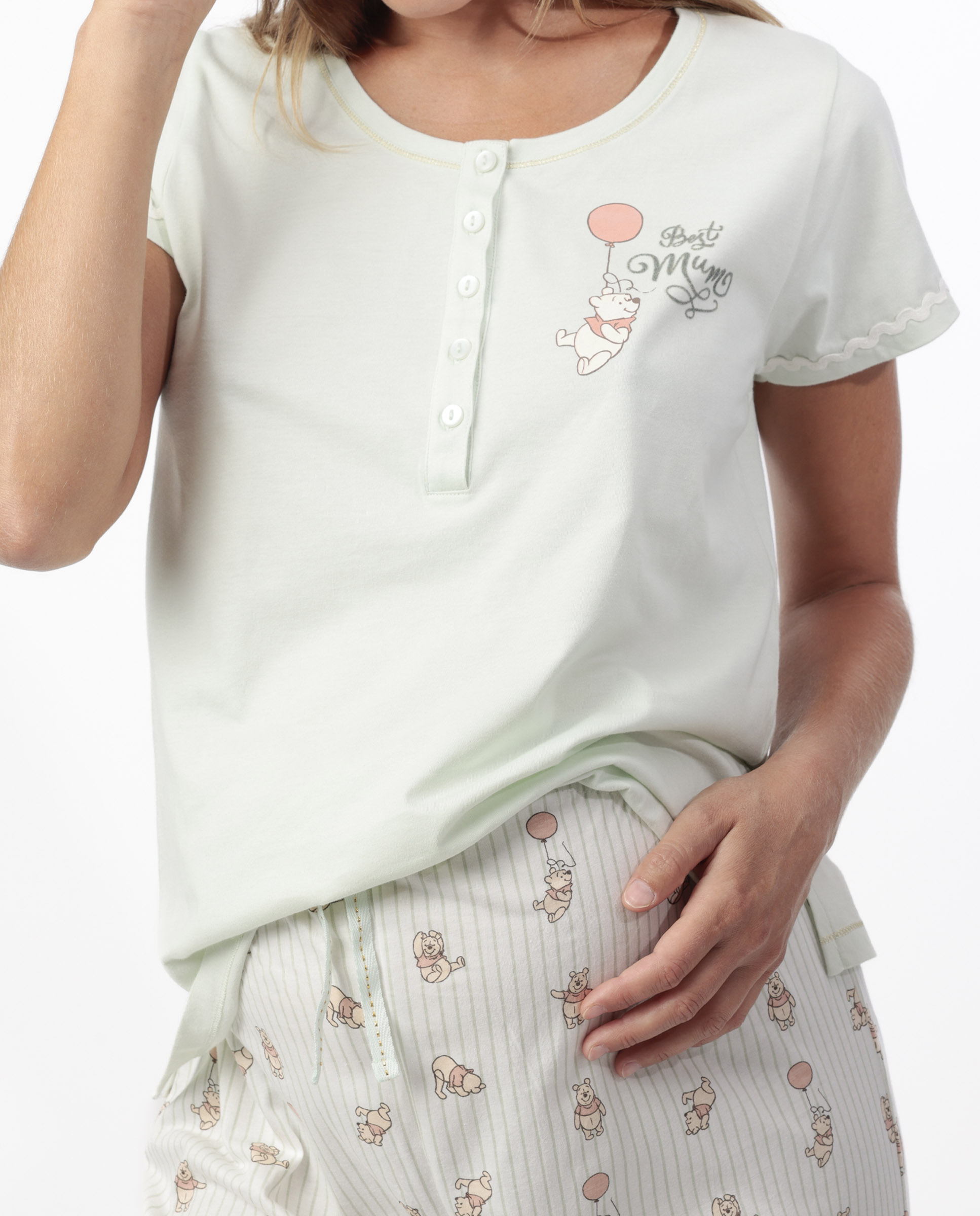 Pijama largo premamá de punto de algodón en color verde - Disney - Blanco / Verde Blanco / Verde-3