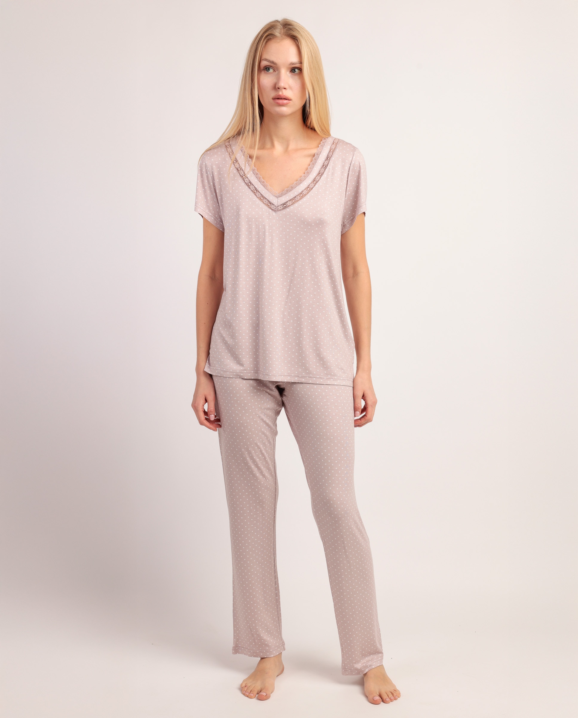 Pijama de mujer de punto viscosa con detalles de puntilla lencera - Admas - Piedra Piedra-1
