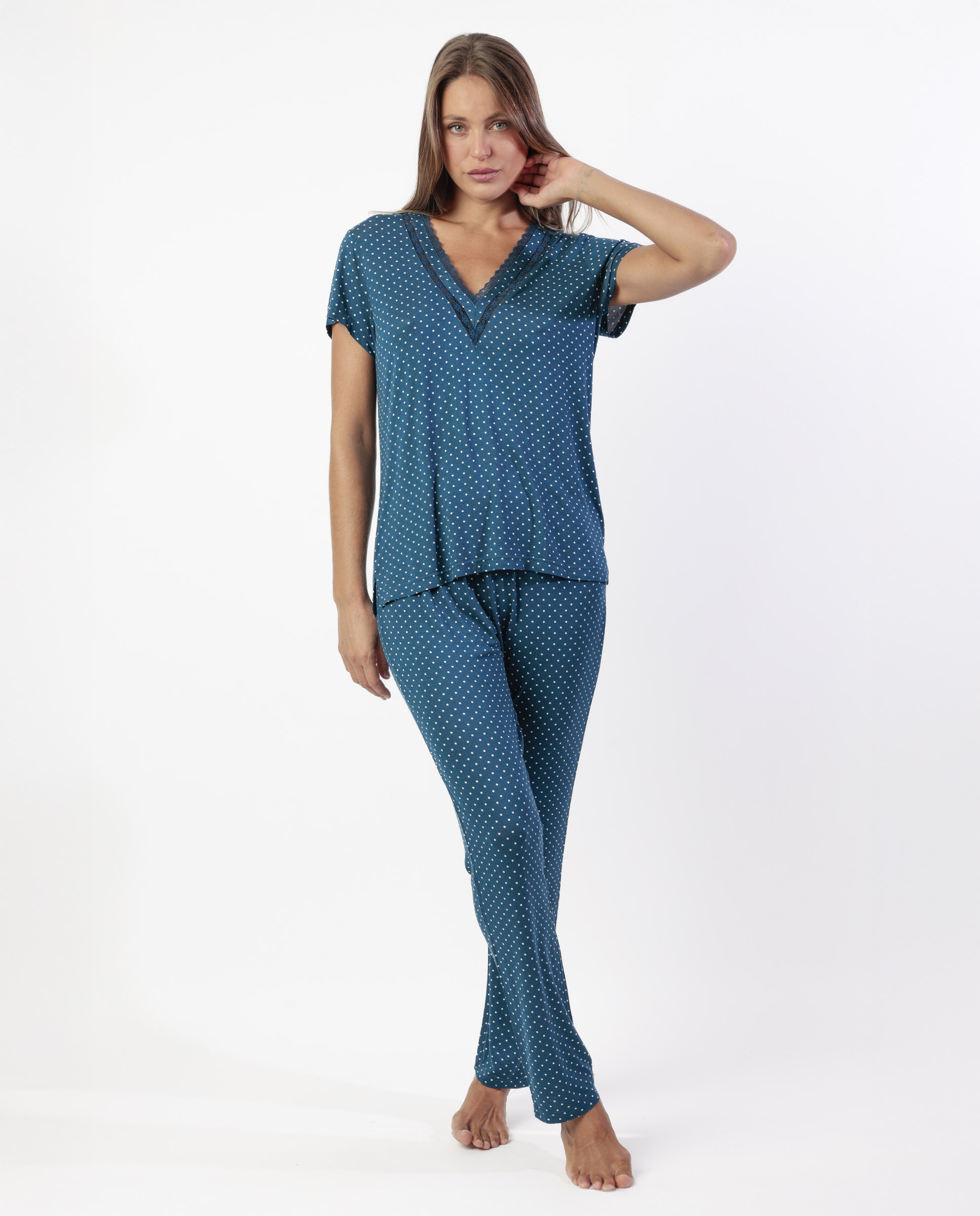 Imagen 0 de Pijama de mujer de punto viscosa con detalles de puntilla lencera Azul marino