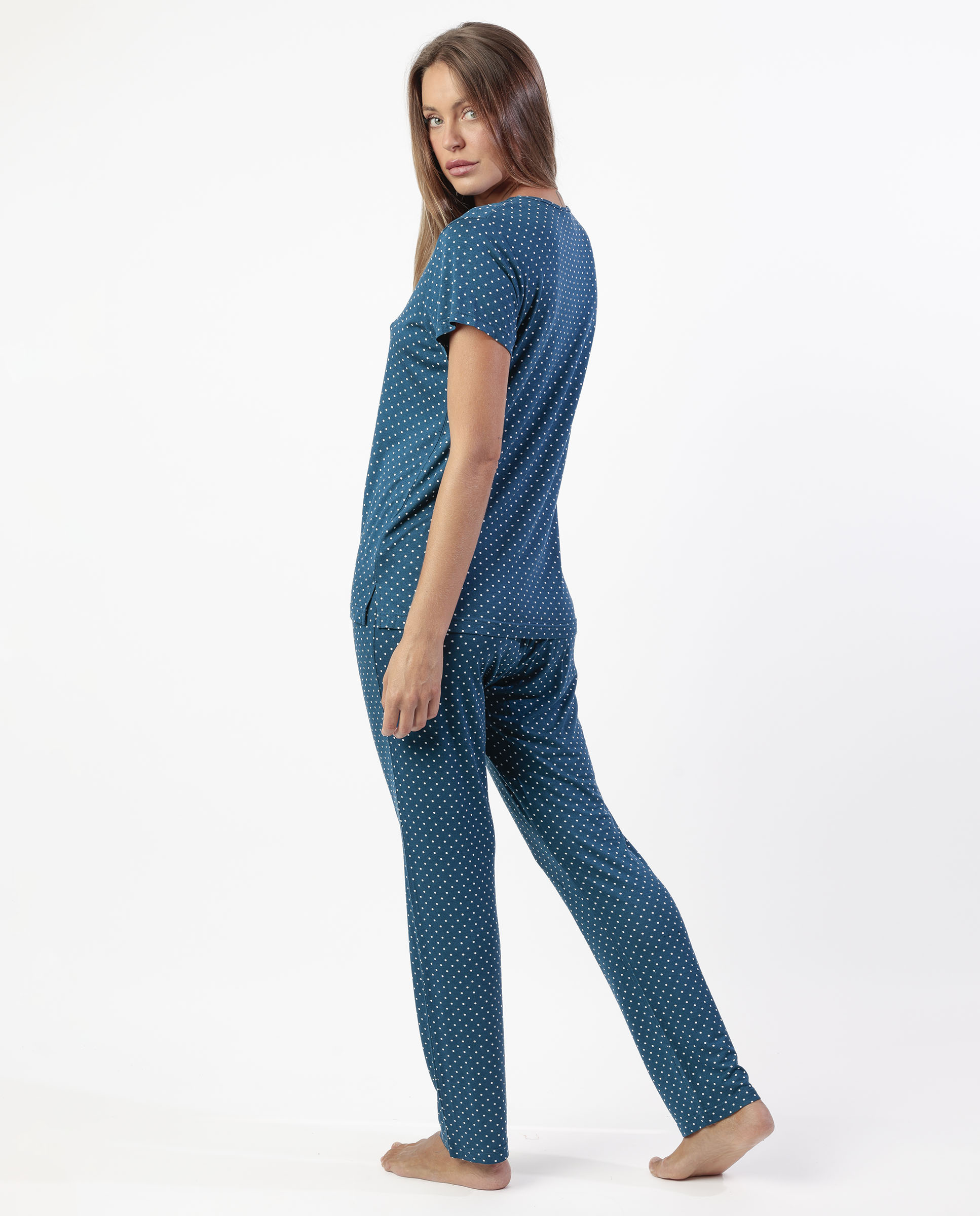 Pijama de mujer de punto viscosa con detalles de puntilla lencera - Admas - Azul marino Azul marino-2