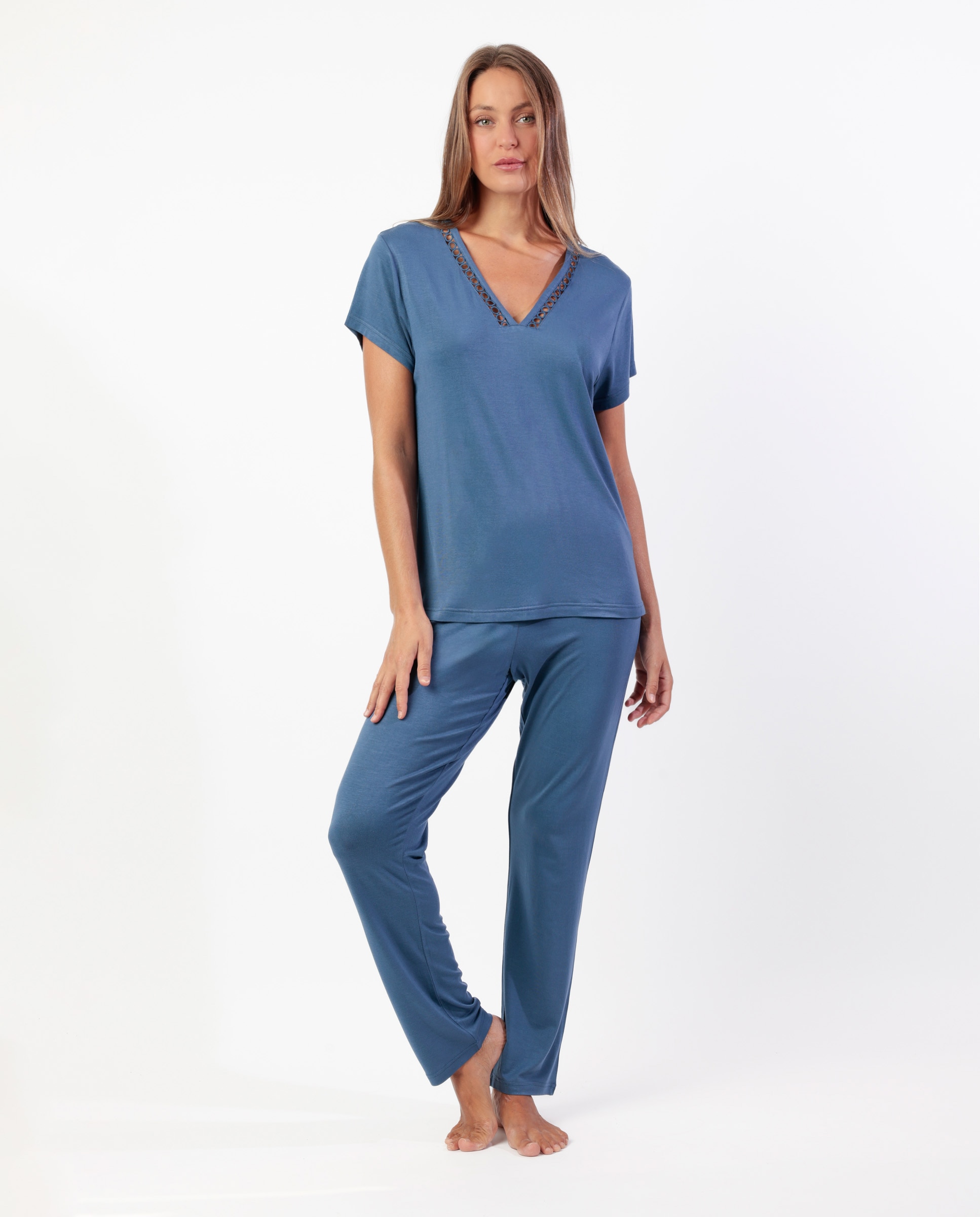 Pijama de mujer de punto modal con detalles de puntilla guipur - Admas - Azul Azul-1