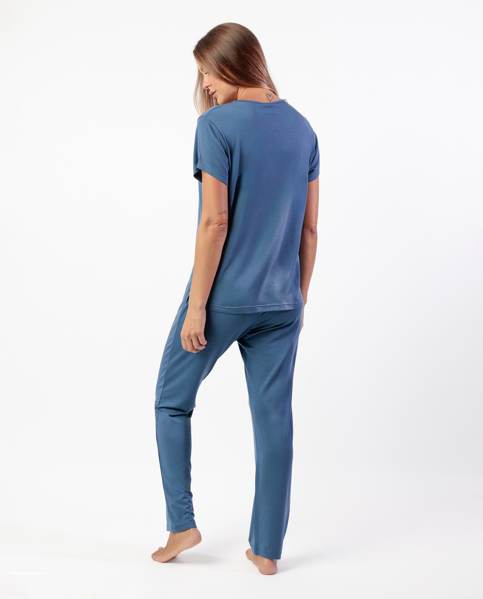 Pijama de mujer de punto modal con detalles de puntilla guipur - Admas - Azul Azul-2
