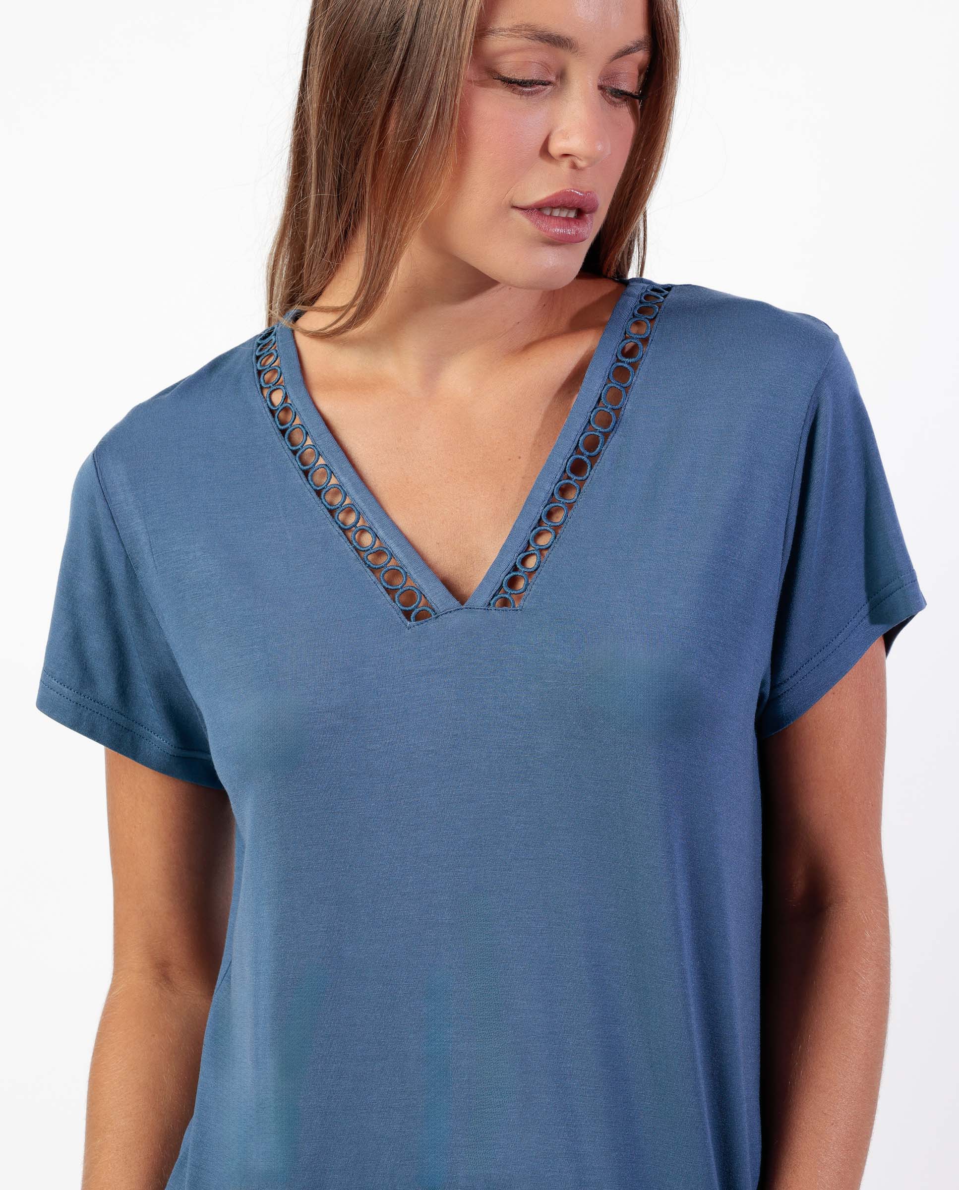 Pijama de mujer de punto modal con detalles de puntilla guipur - Admas - Azul Azul-3