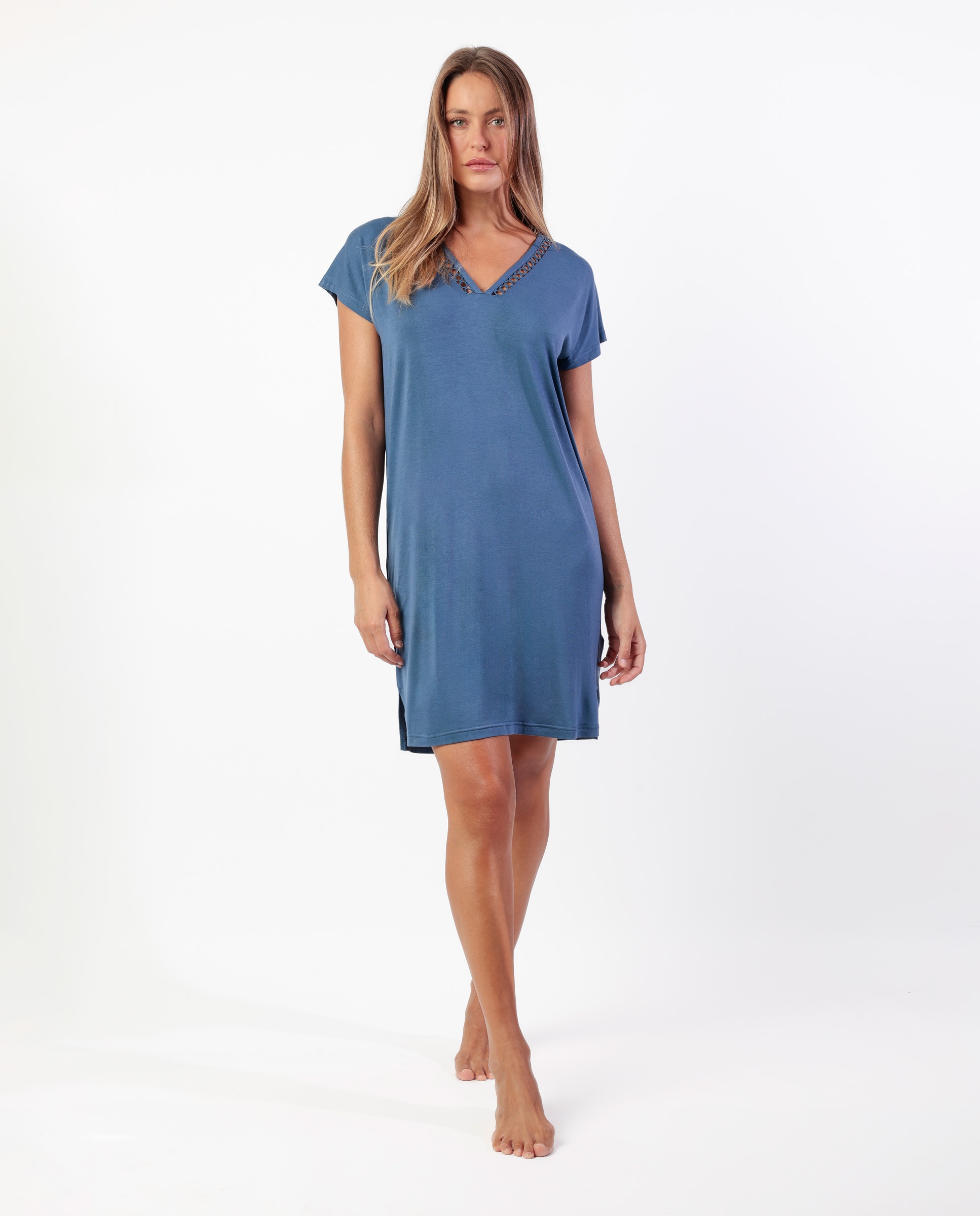 Camisón corto de mujer de punto modal con detalles de puntilla guipur - Admas - Azul Azul-1