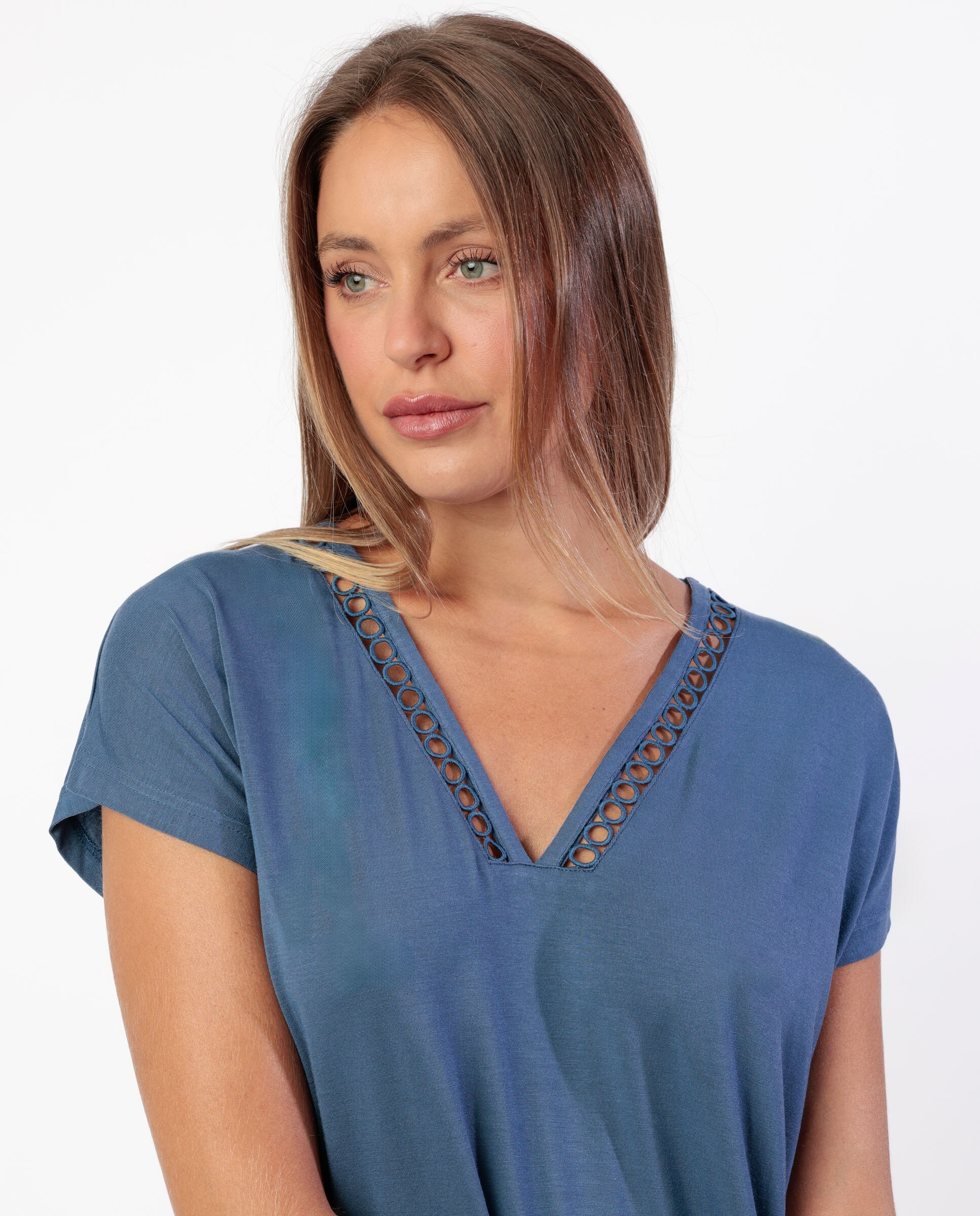 Camisón corto de mujer de punto modal con detalles de puntilla guipur - Admas - Azul Azul-3