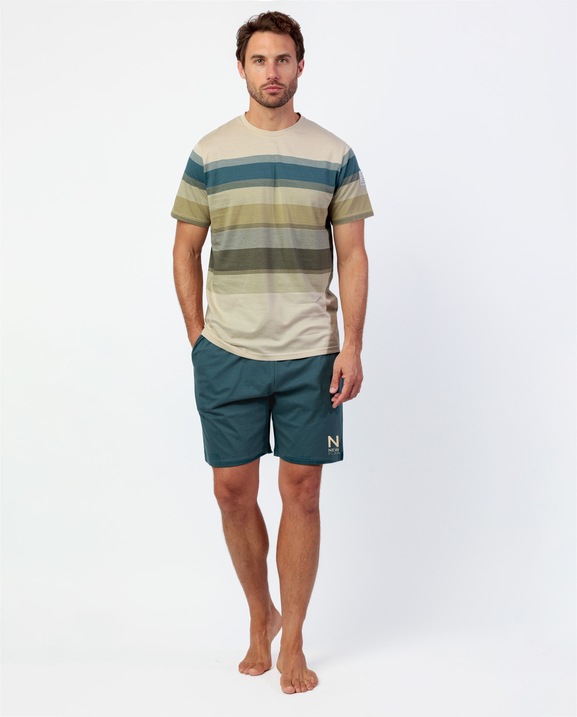 Imagen 0 de Pijama corto de hombre de punto de raya tejida en color camel Camel