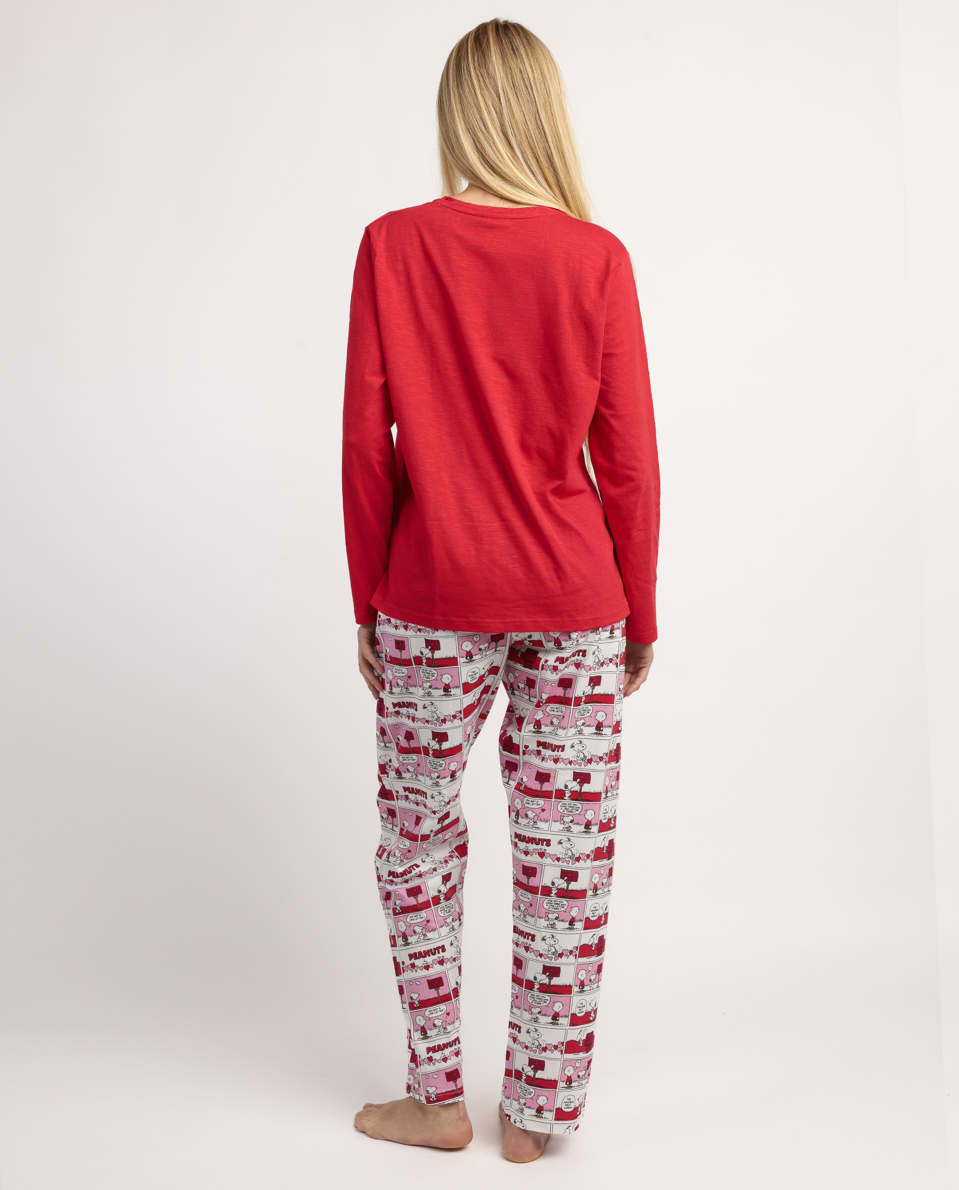 Pijama largo de mujer de punto de algodón detalles en relieve - Peanuts - Rojo Rojo-2