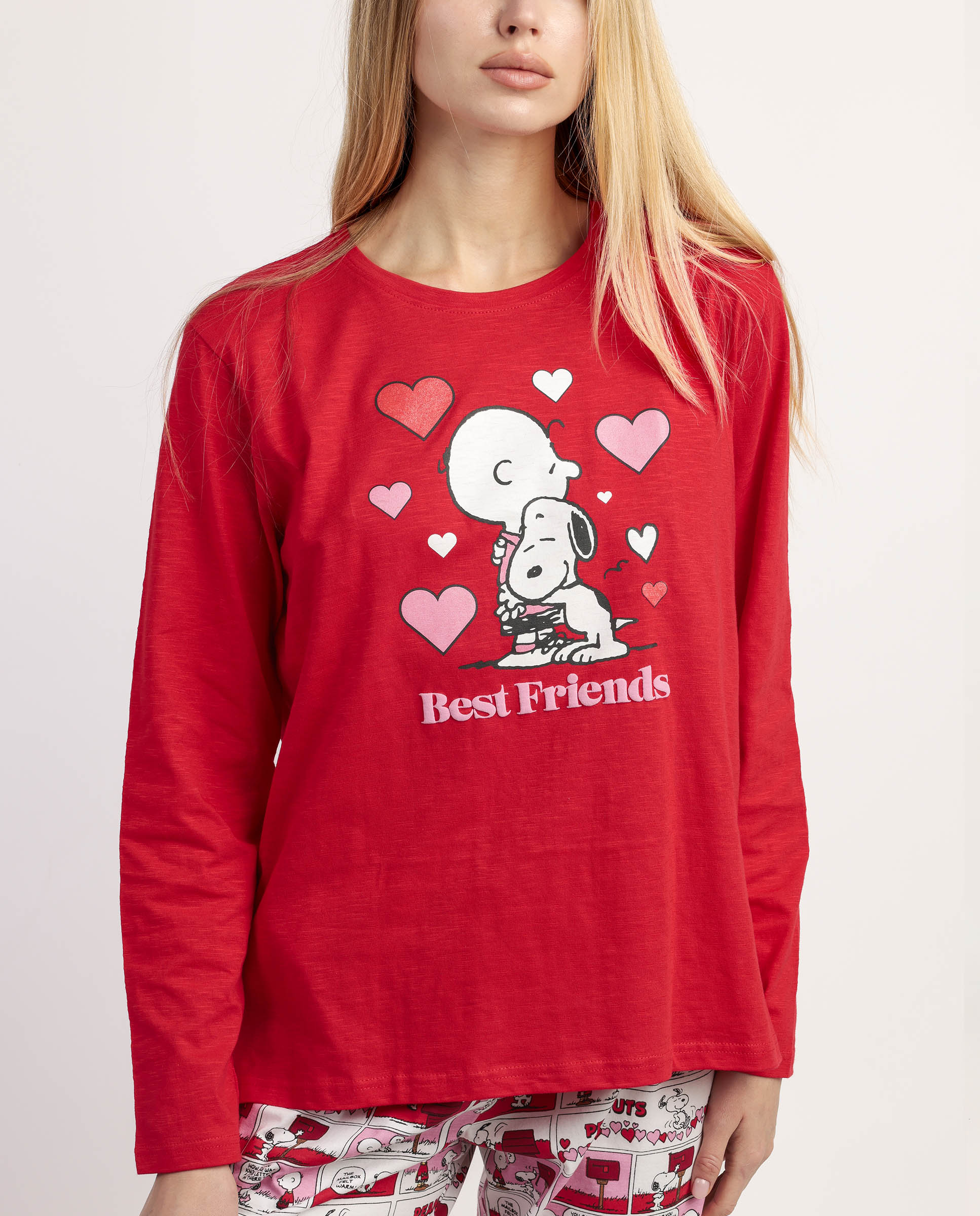 Pijama largo de mujer de punto de algodón detalles en relieve - Peanuts - Rojo Rojo-3