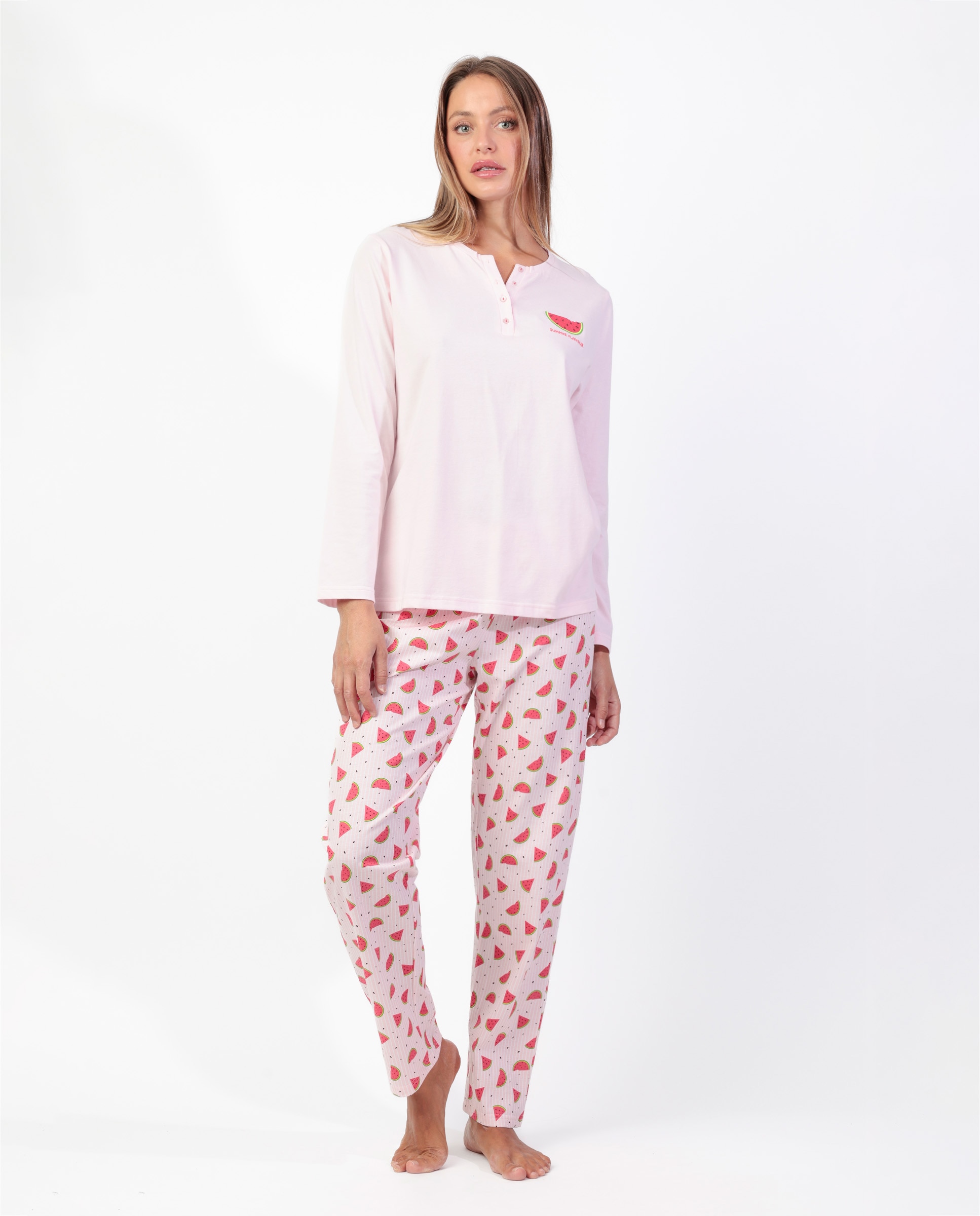 Imagen 0 de Pijama largo de mujer de punto de algodón con detalles bordados Rosa