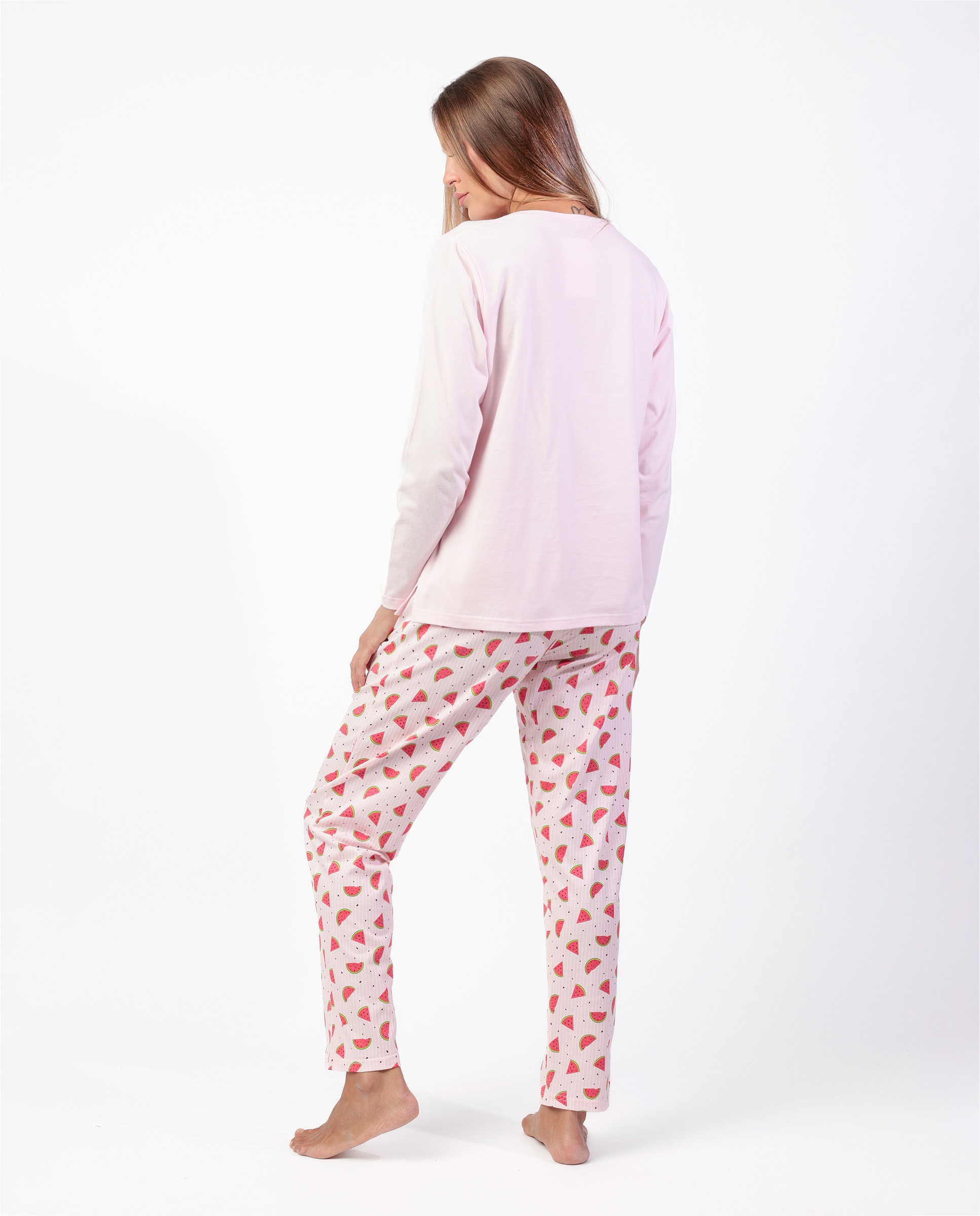 Pijama largo de mujer de punto de algodón con detalles bordados - Admas - Rosa Rosa-2