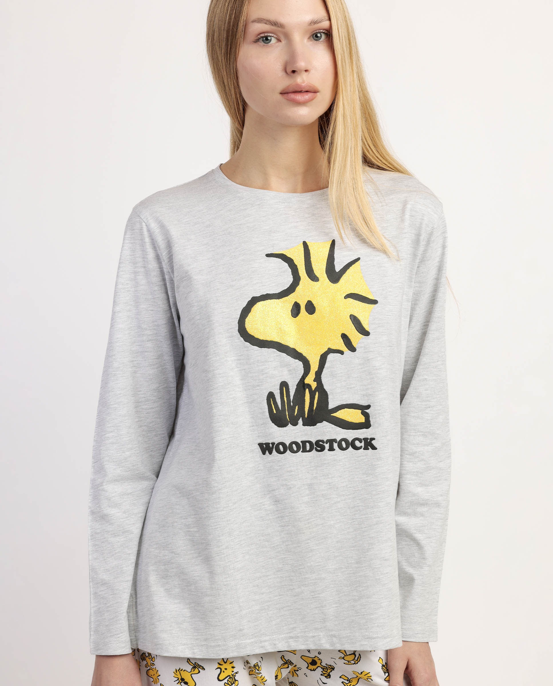 Pijama largo de mujer de punto de algodón detalles en relieve - Peanuts - Gris Gris-3