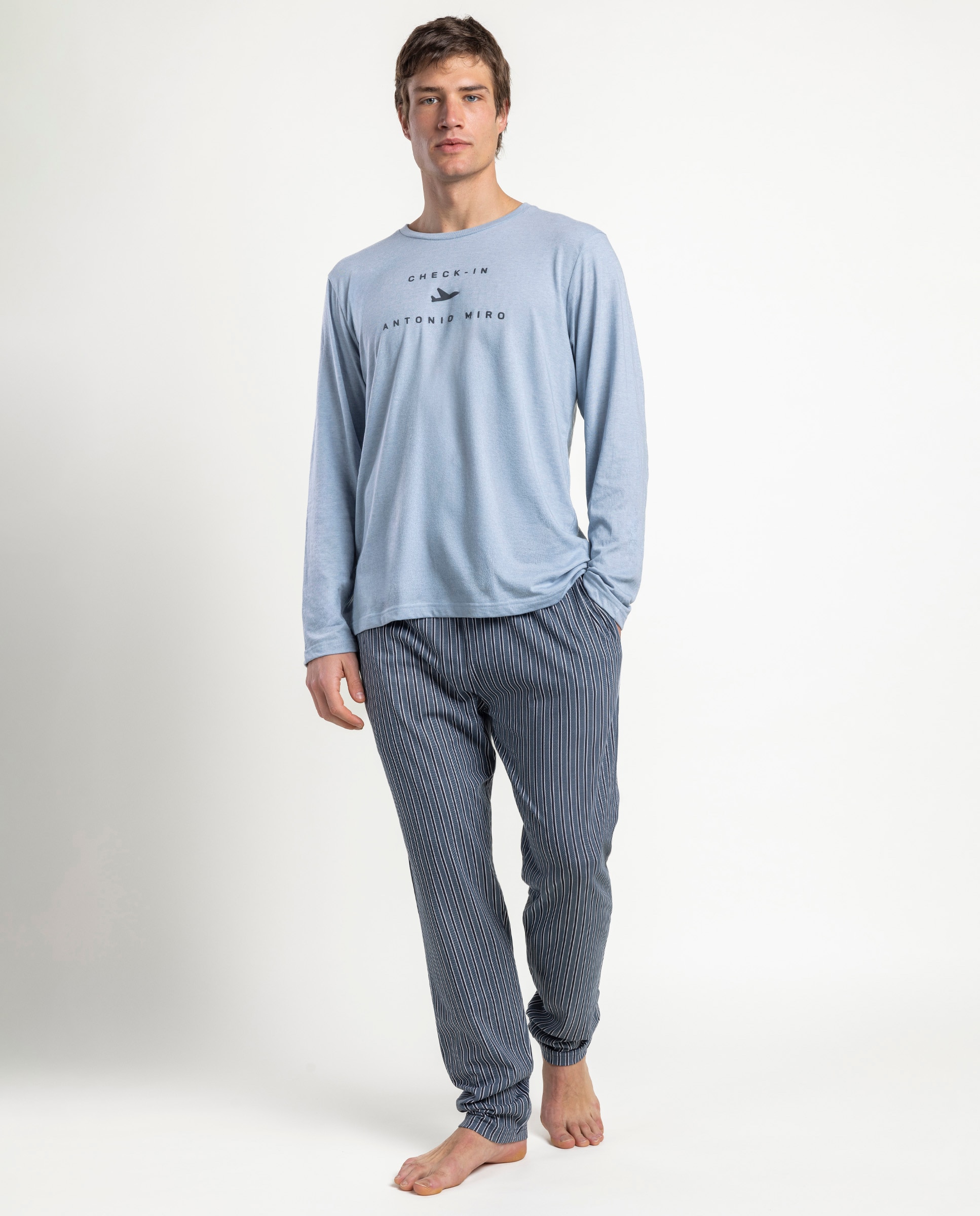 Imagen 0 de Pijama largo de hombre de punto de color azul Azul / Blanco