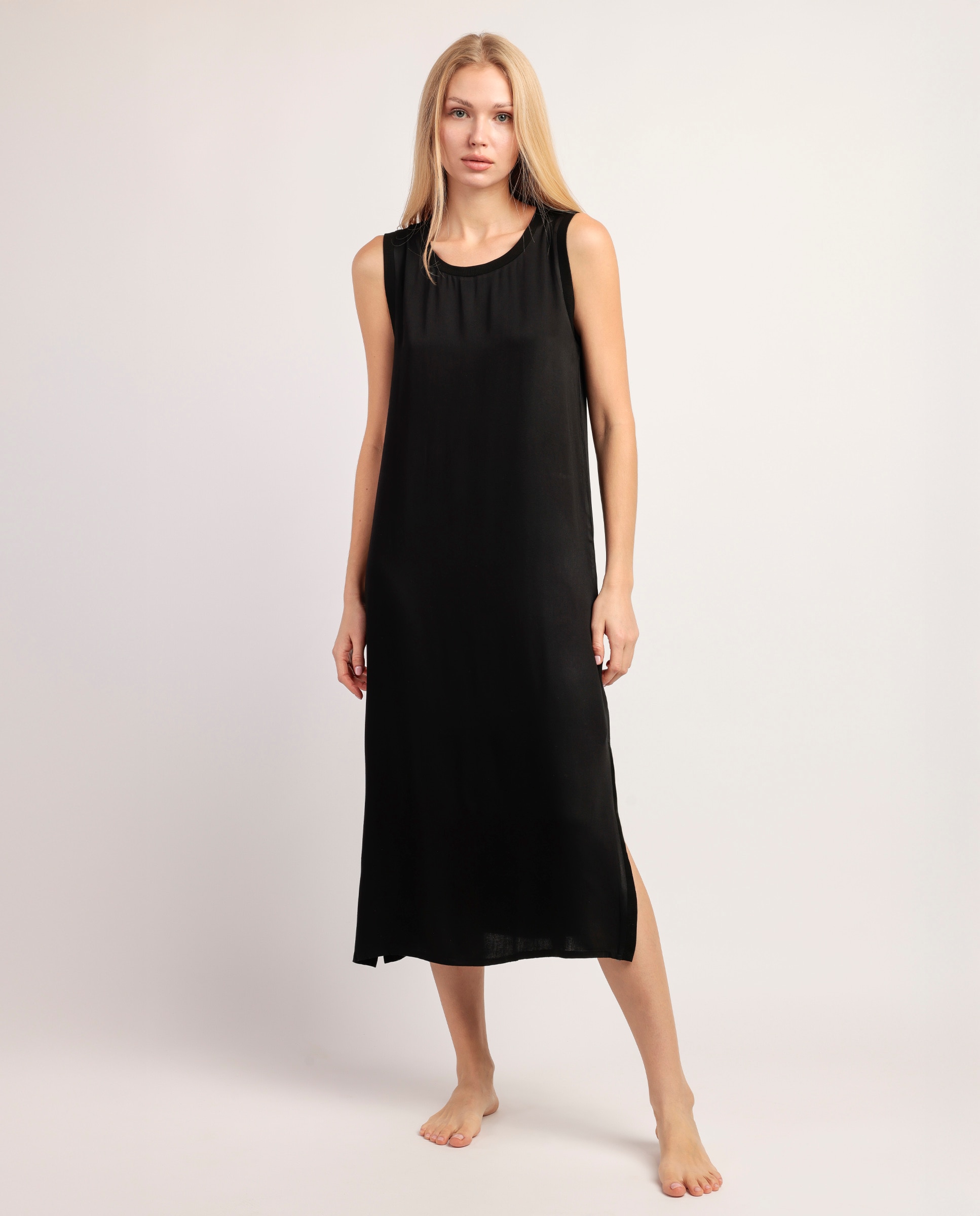 Vestido sin mangas de tela satén largo - Admas - Negro Negro-1