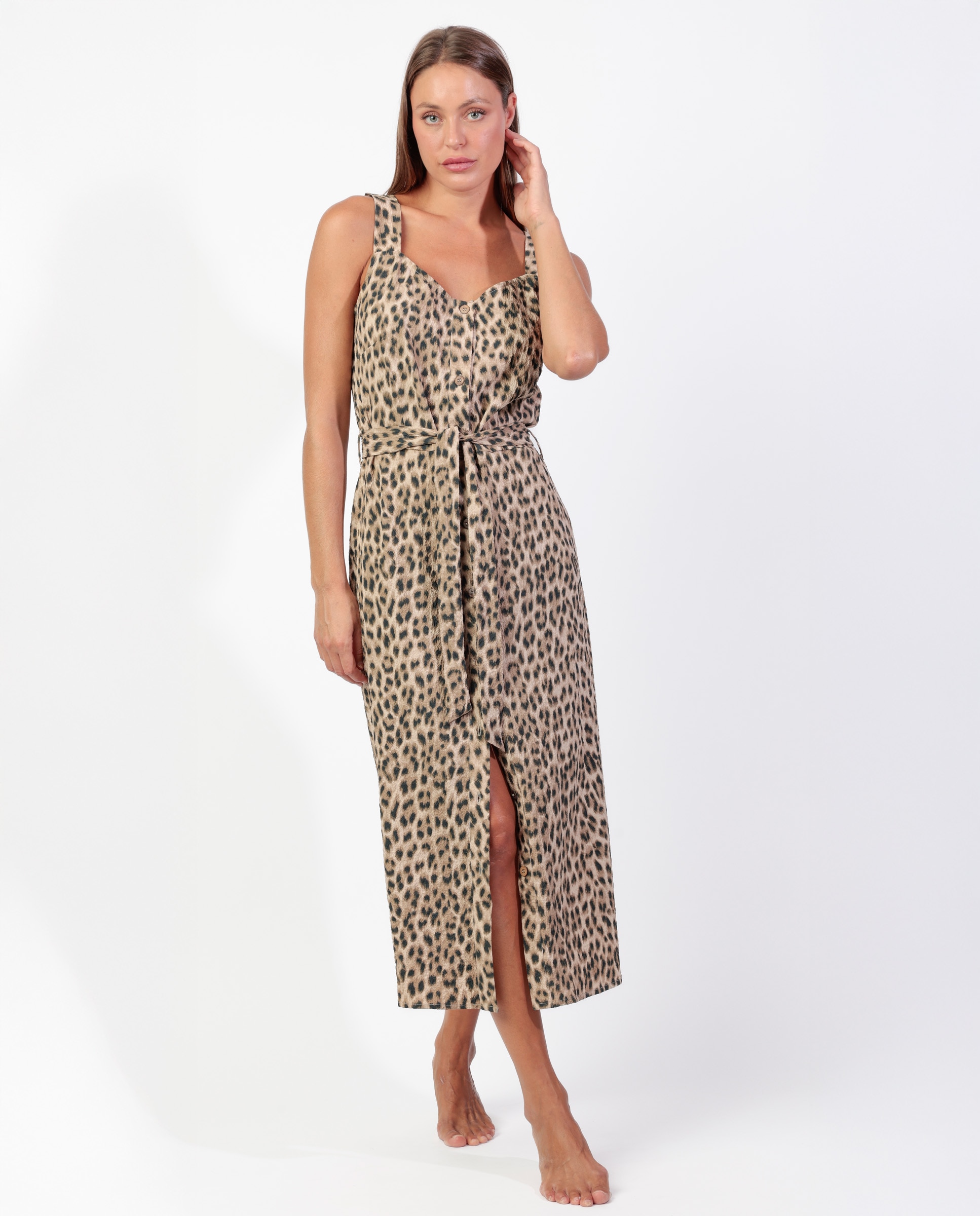 Vestido abierto de tirantes de tela largo midi