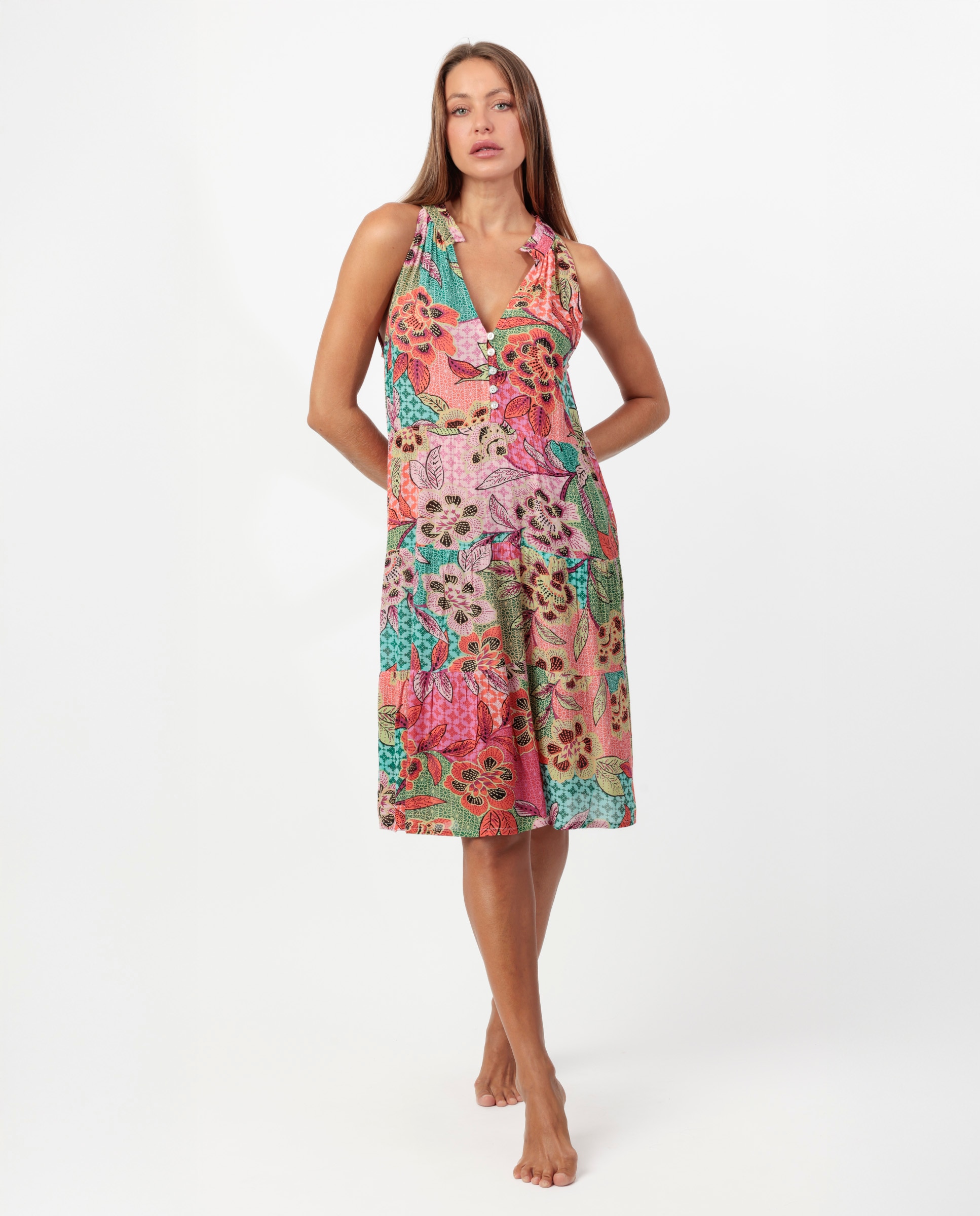 Imagen 0 de Vestido sin mangas de tela arrugada corto Multicolor