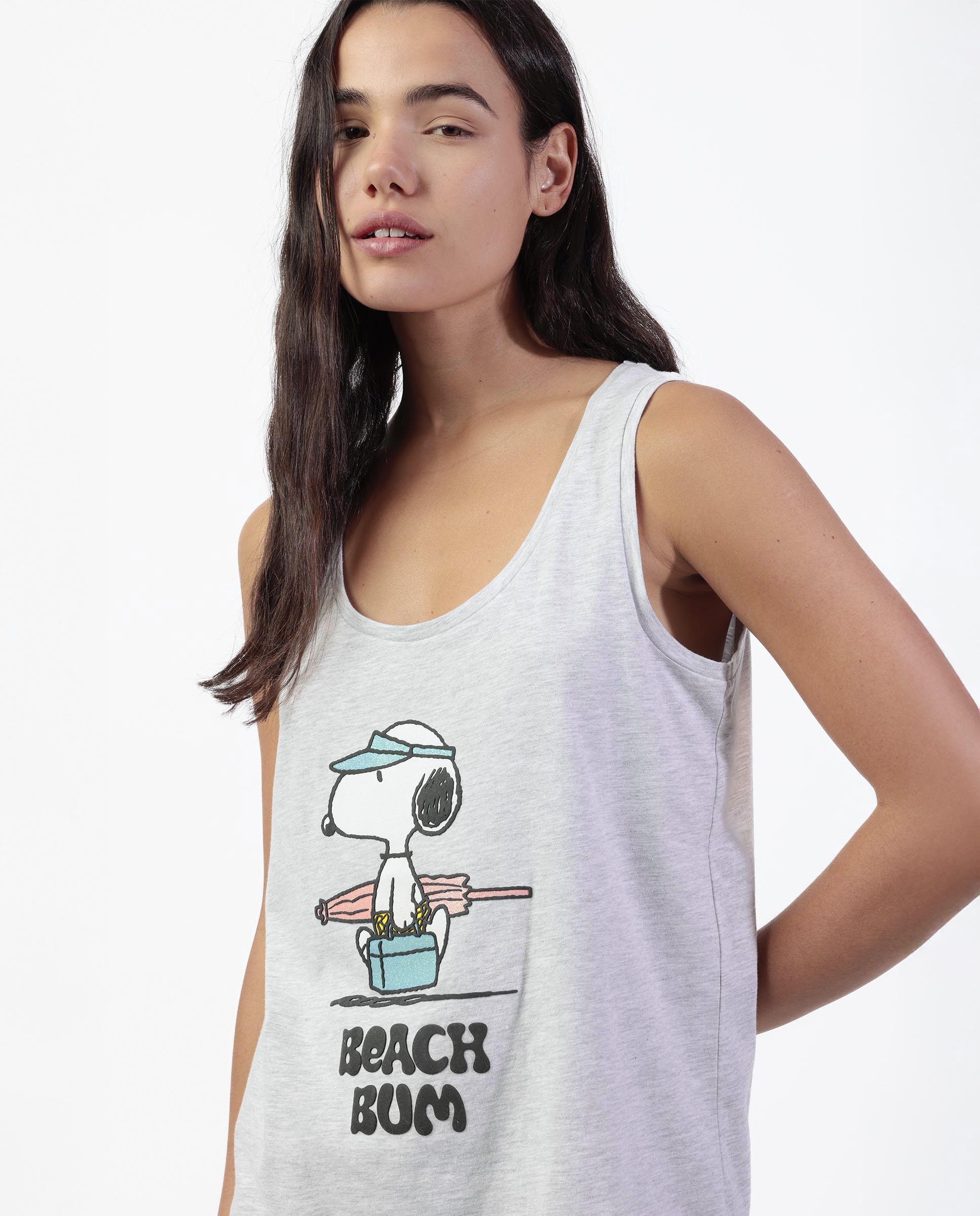Pijama corto de mujer de punto de algodón con detalles en brillo - Peanuts - Gris Gris-3