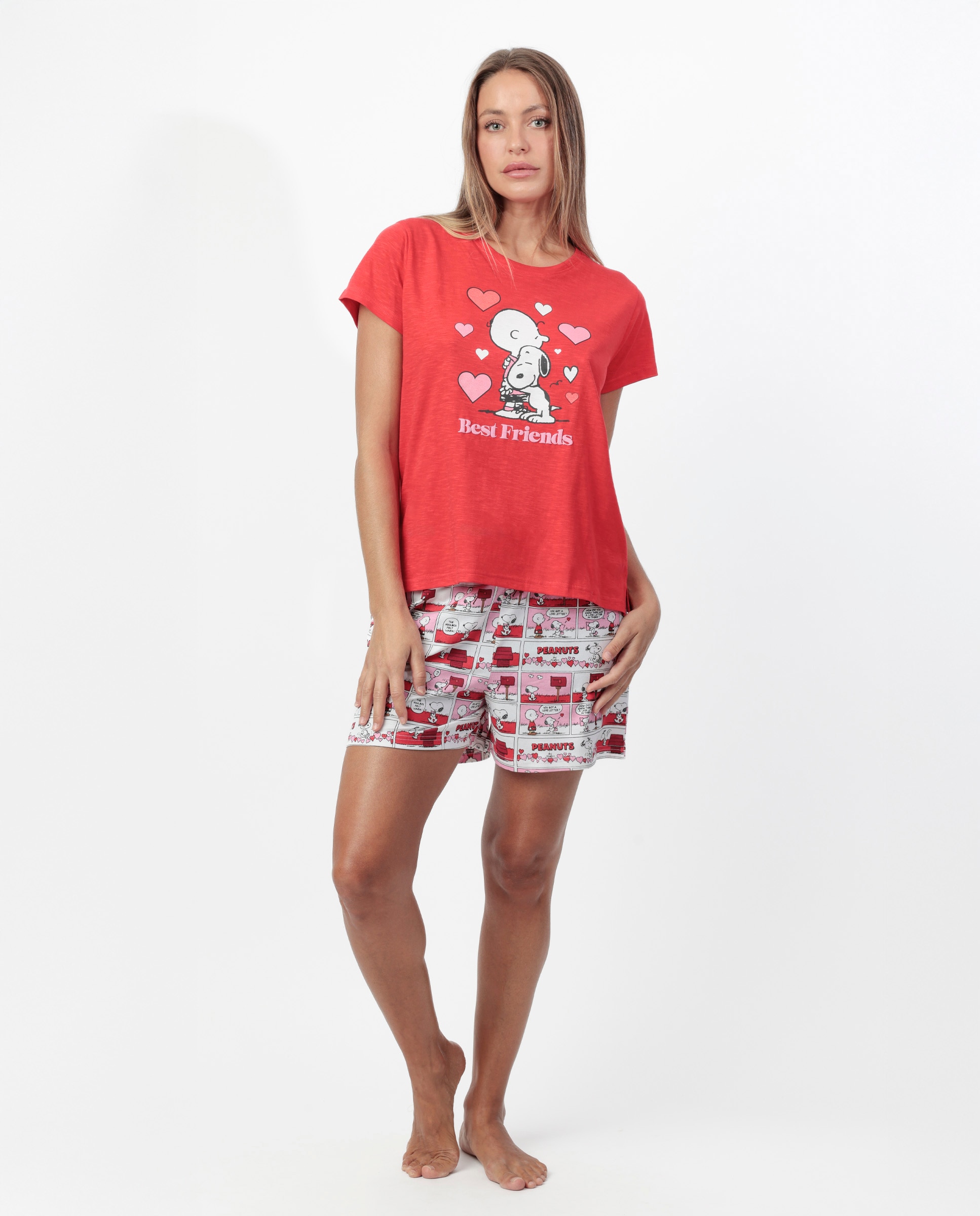 Imagen 0 de Pijama corto de mujer de punto de algodón detalles en relieve Rojo
