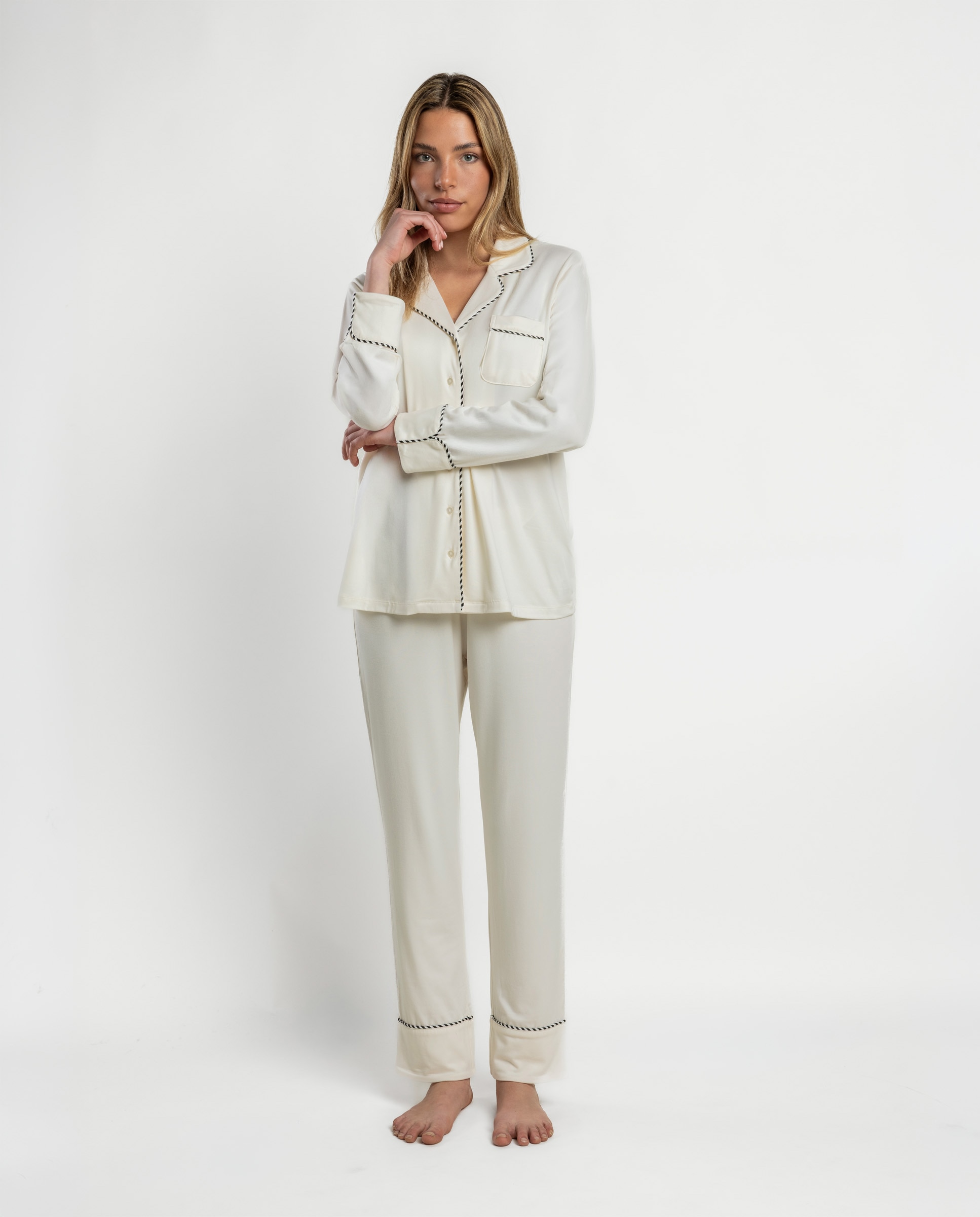 Pijama largo abierto de mujer de punto de microfibra - Admas - Crema Crema-1