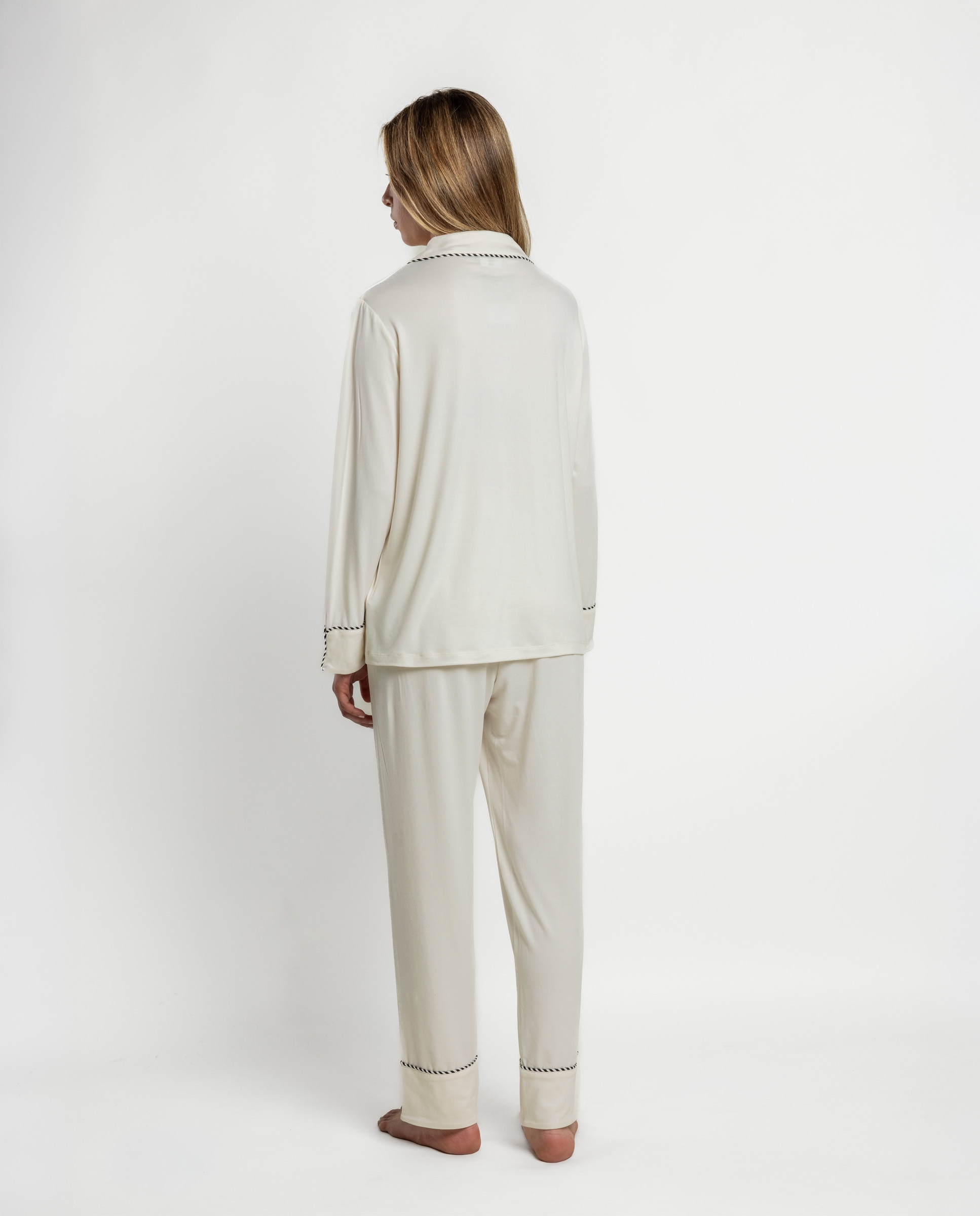 Pijama largo abierto de mujer de punto de microfibra - Admas - Crema Crema-2