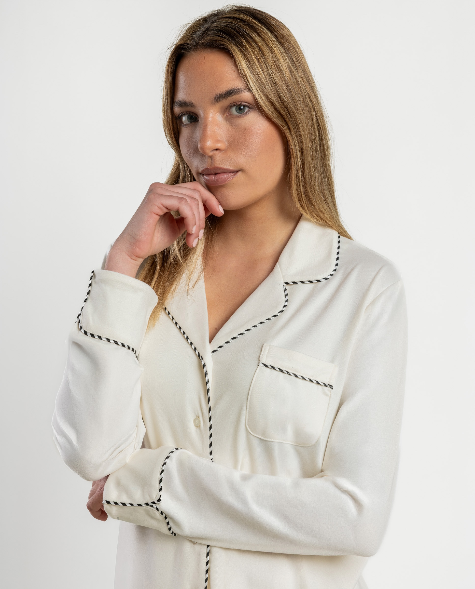 Pijama largo abierto de mujer de punto de microfibra - Admas - Crema Crema-3